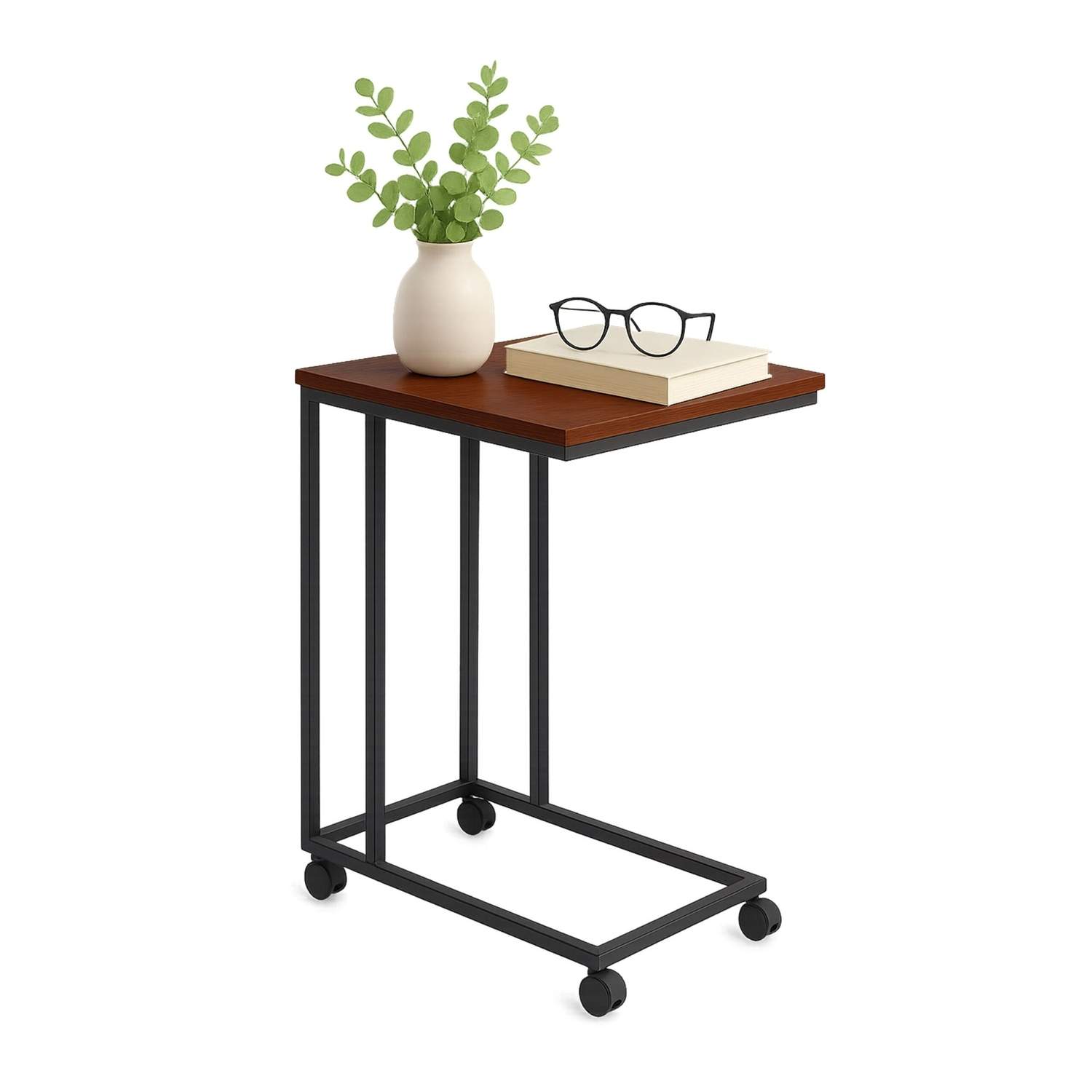 C-formet sidebord med hjul – trælignende bordplade