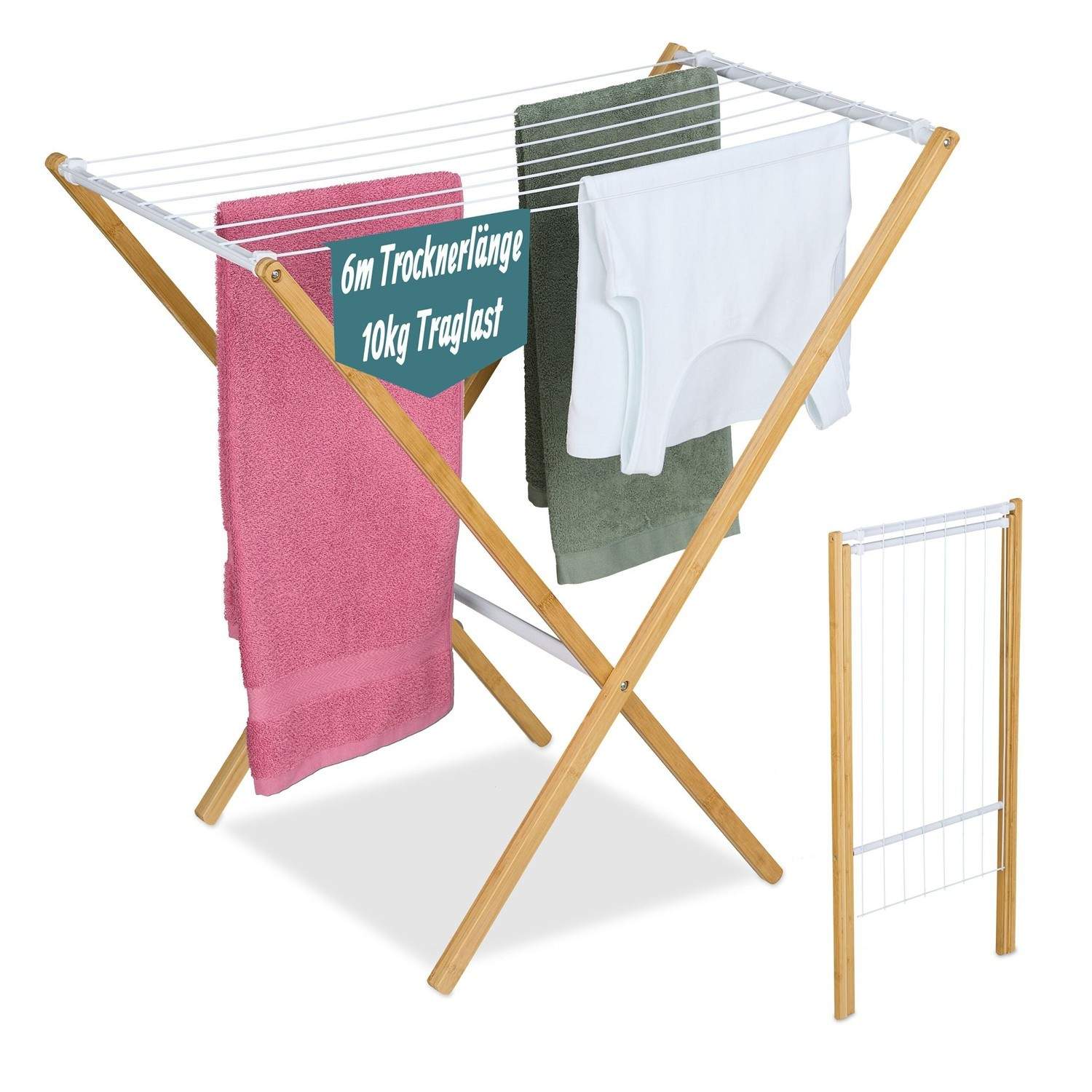 Sammenklappelig vasketøjsstativ i bambus og metal – pladsbesparende tørretumbler