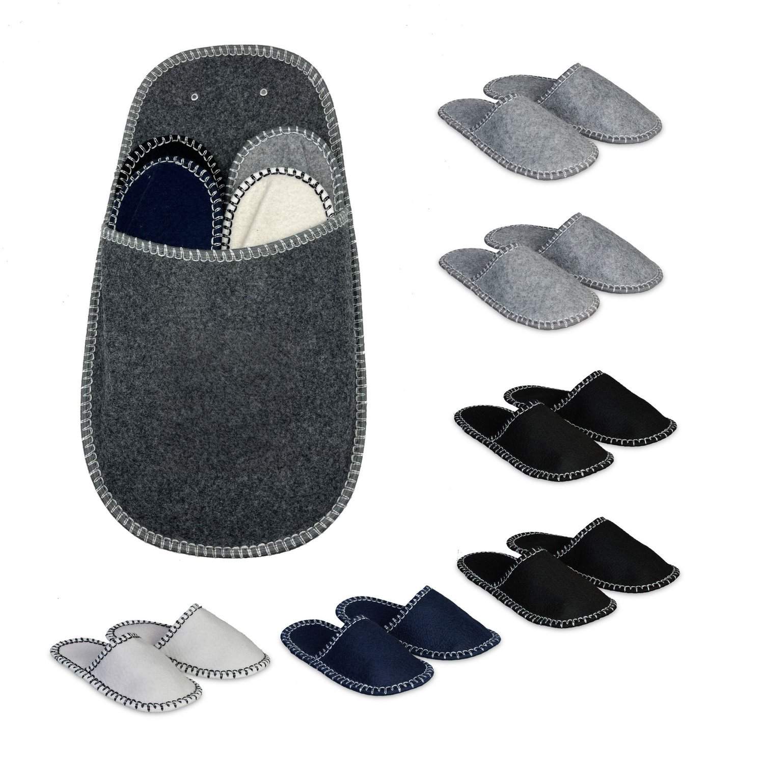 Skridsikre filt-gæstetøflersæt – 6 par med vægpose