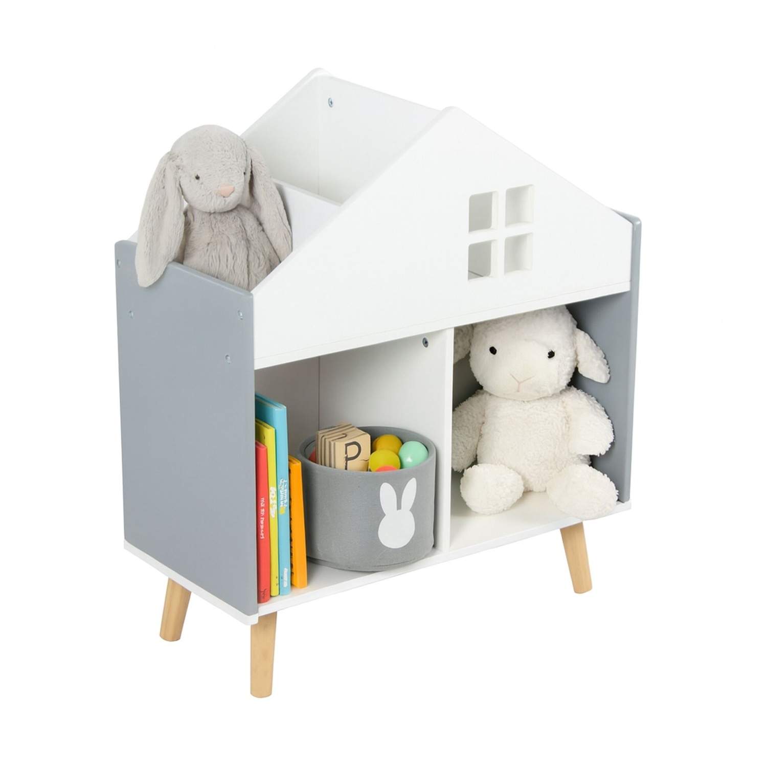 Børnehushylde – MDF, fyrretræsben, 6 rum