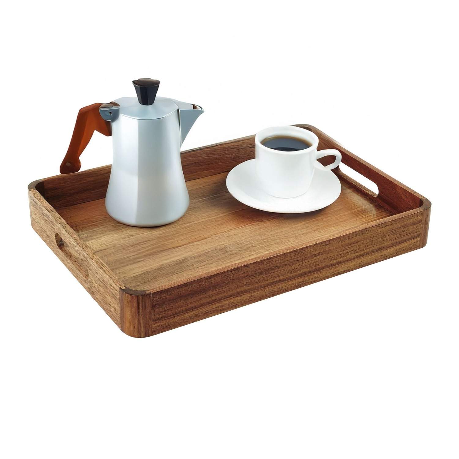 Serveringsbakke i akacietræ – håndtag og høj kant