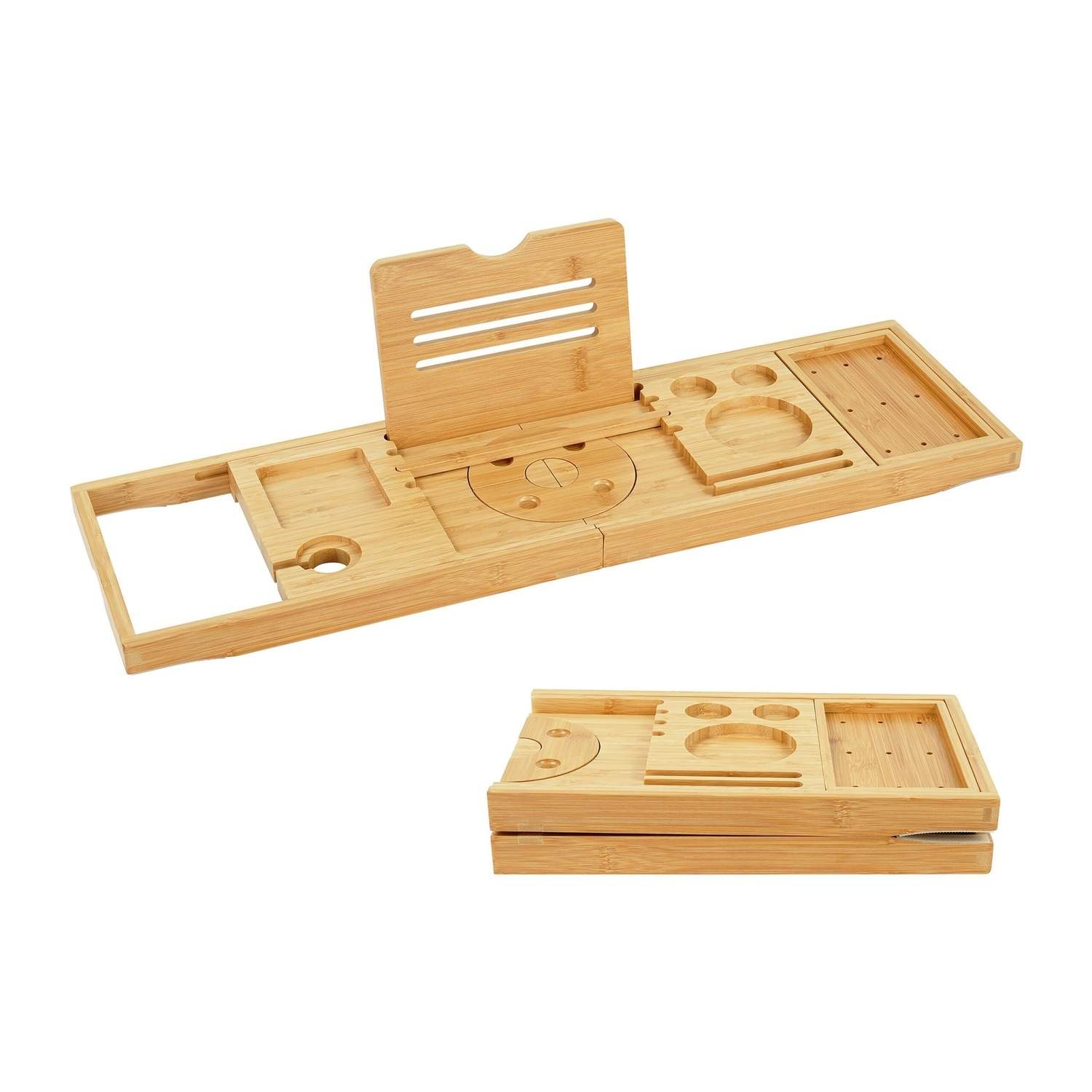 Bambus badebakke – justerbar, vinglas- og tabletholder