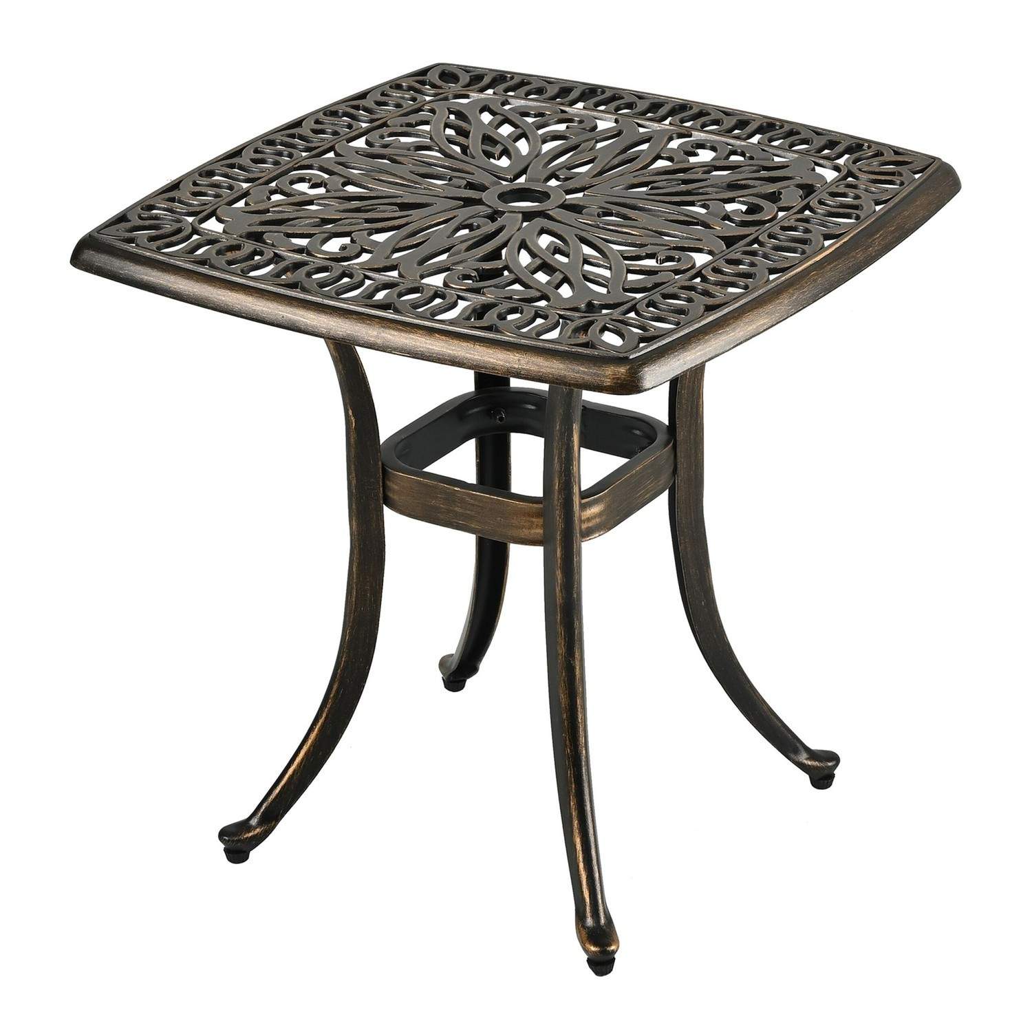 Firkantet havebord i støbt aluminium – paraplyhul, blomsterdesign