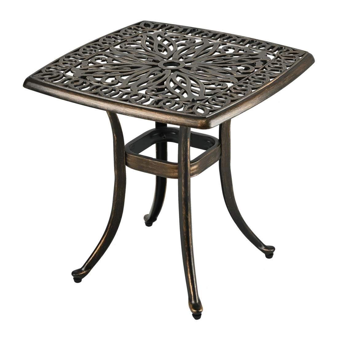 Fyrkantigt uteplatsbord i gjuten aluminium – paraplyhål, blommönster | Hem & Hobby | Pryloteket