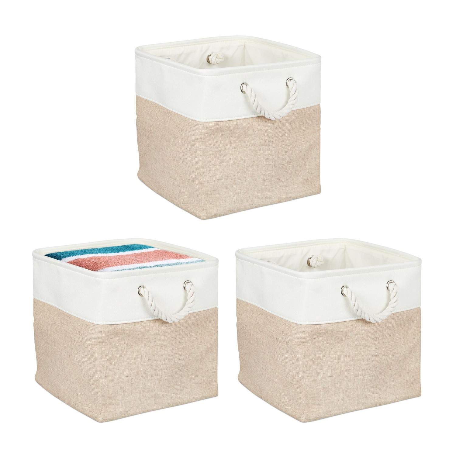 Opbevaringskurve i hør, sæt med 3 – tofarvet design