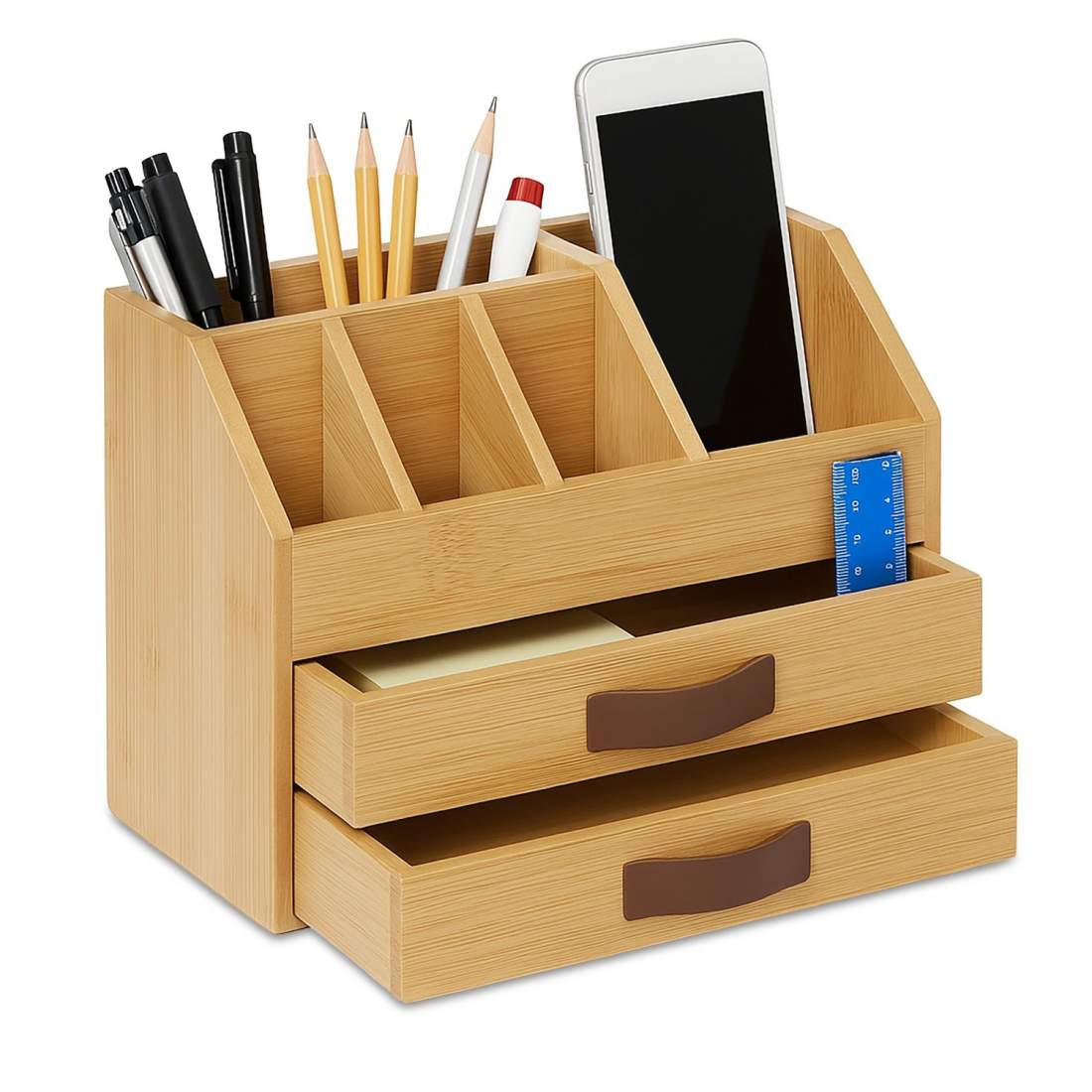 Skrivbordsorganisatör i bambu – 2 lådor, 5 fack | Hem & Hobby | Pryloteket