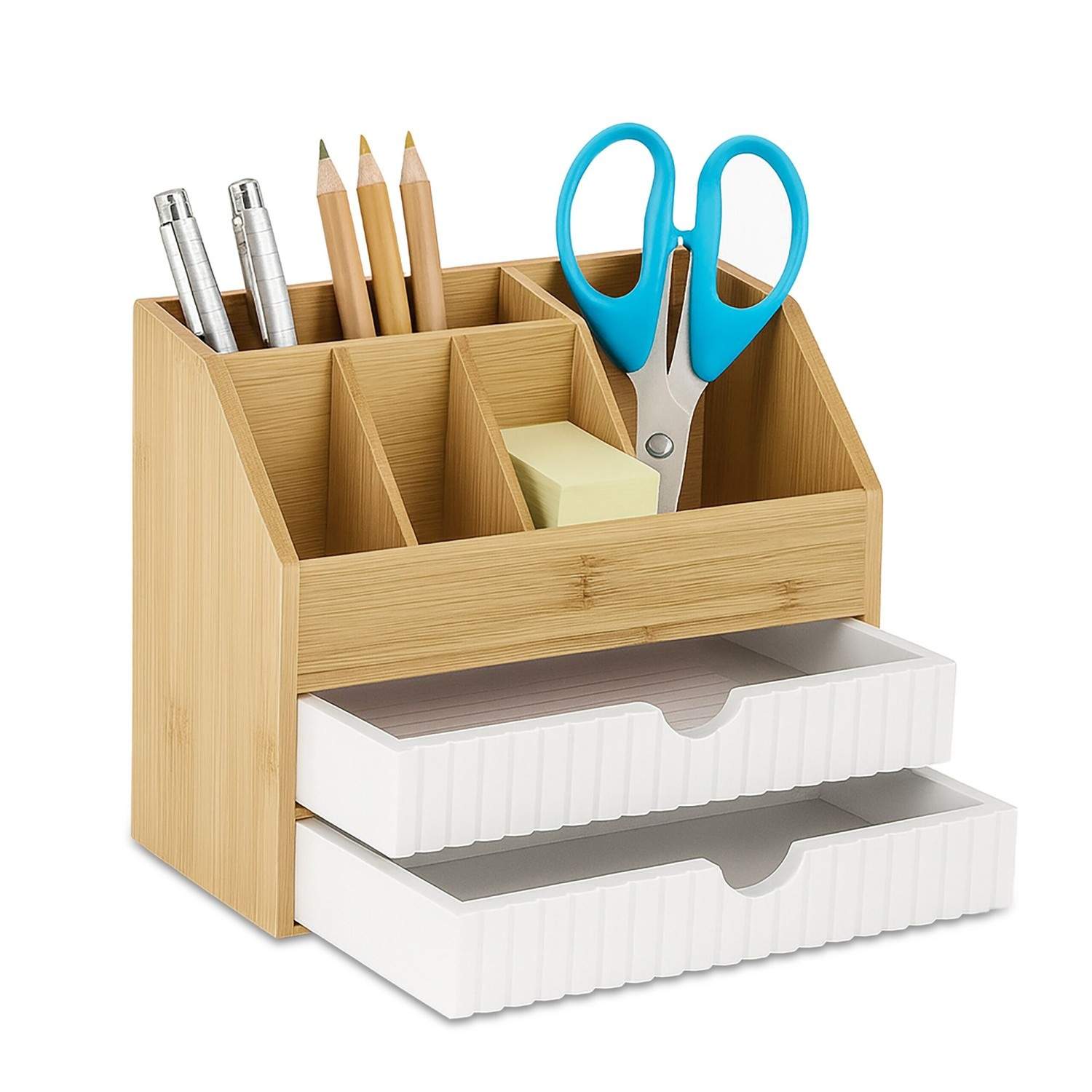 Skrivbordsorganisatör i bambu – 2 lådor, 5 fack | Hem & Hobby | Pryloteket