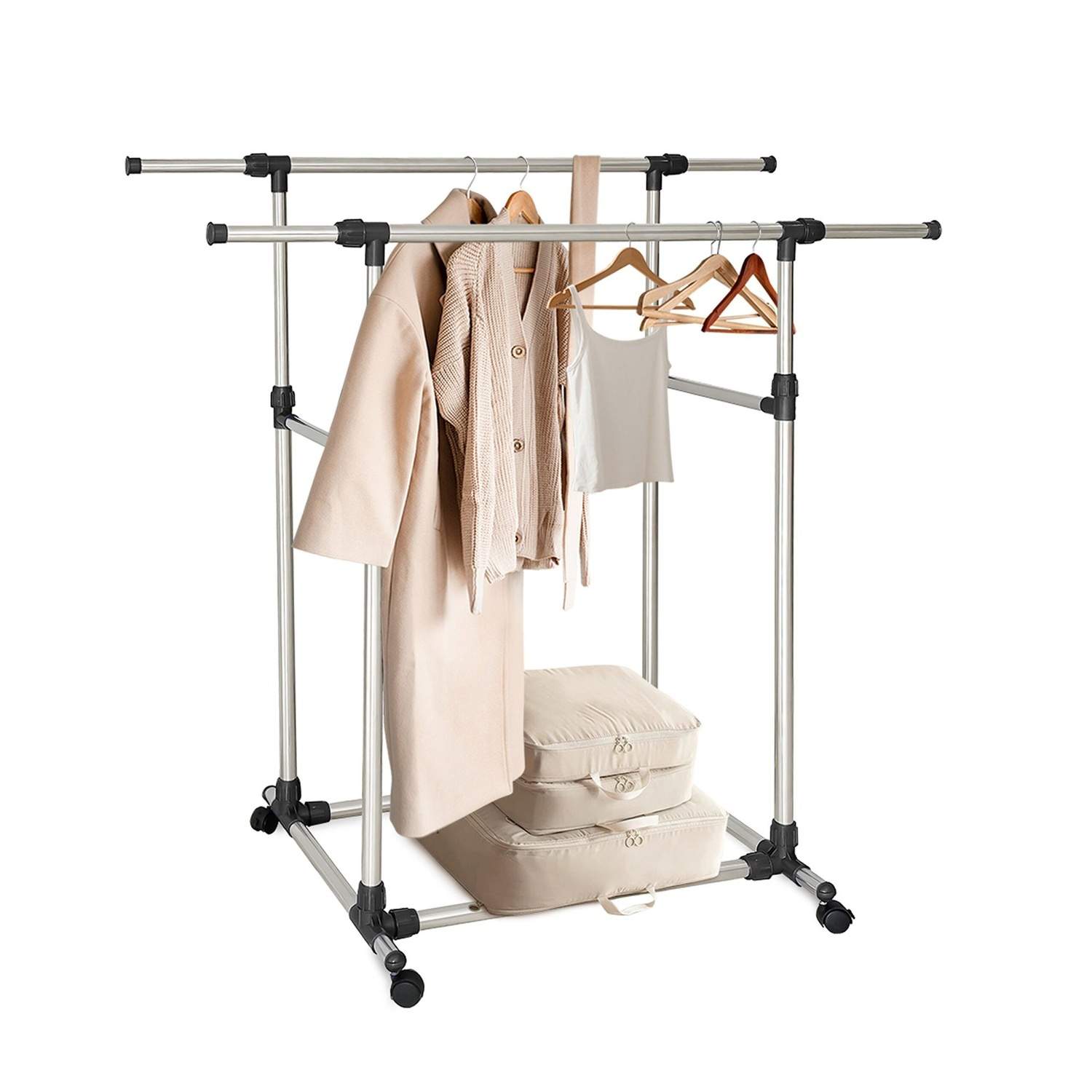 Tøjstativ med justerbare skinner – 2 stænger, mobil