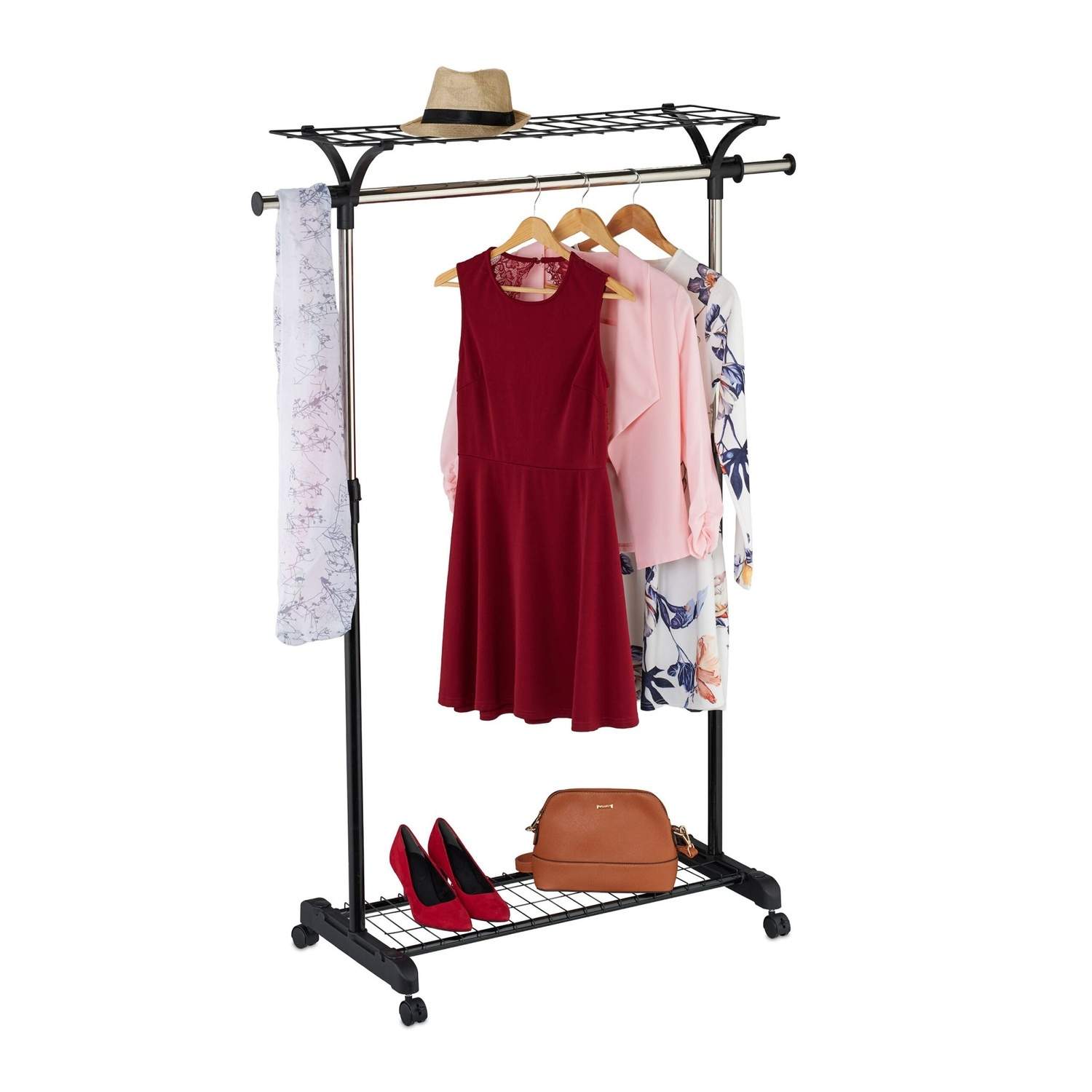 Justerbar garderobehylde med hylder – Mobil og fleksibel opbevaring