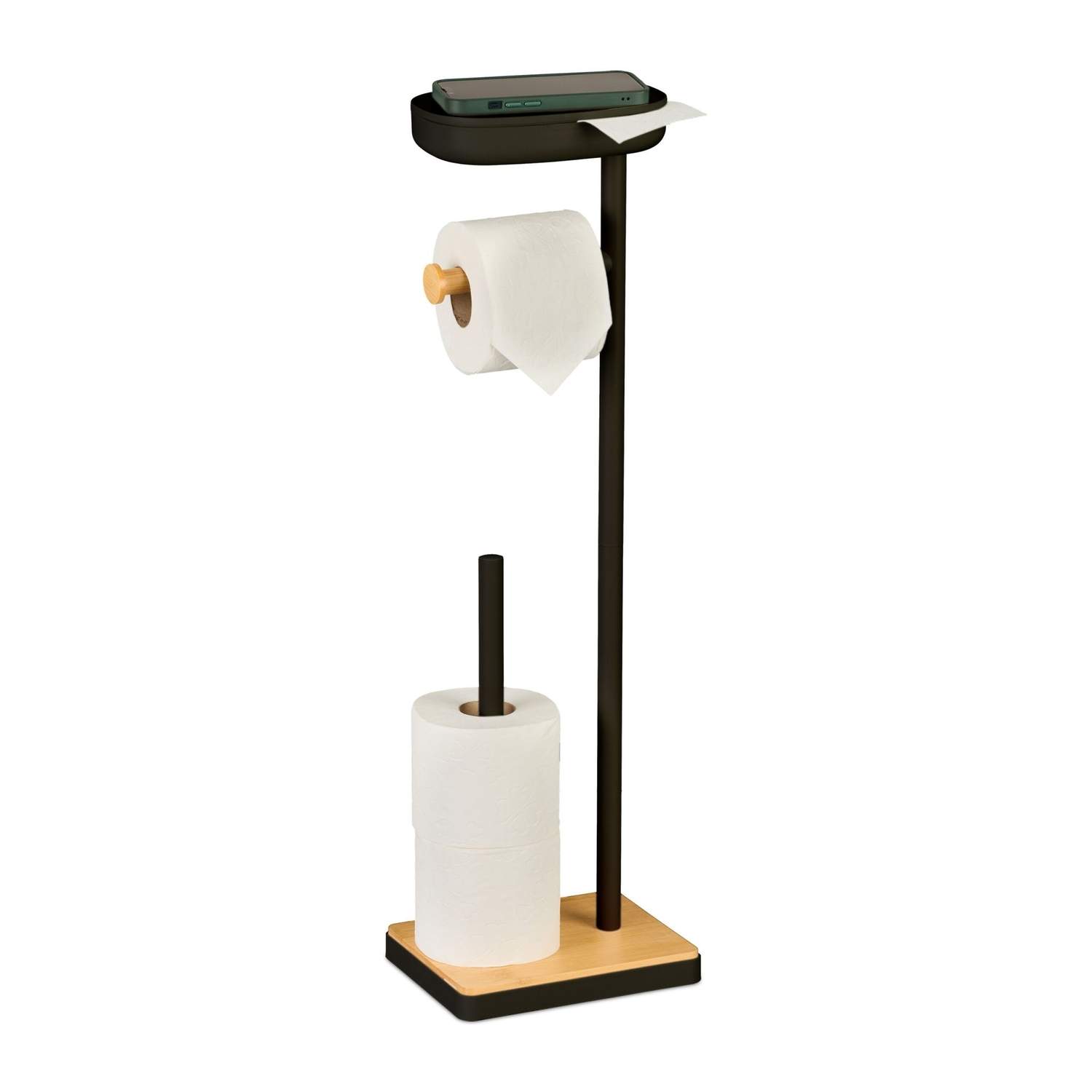Fritstående toiletpapirholder med hylde – bambus og metal