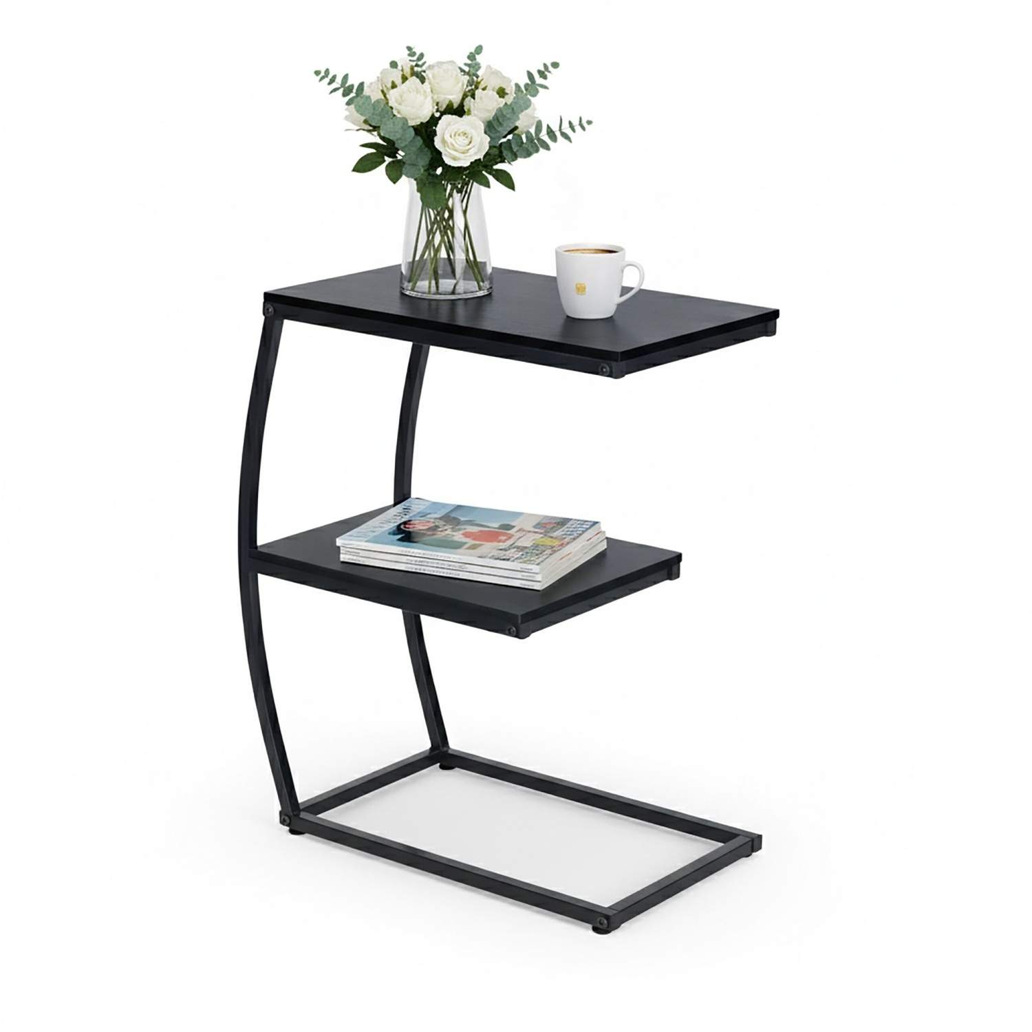 C-formet sidebord, 2-lags, sort metal og træfinish