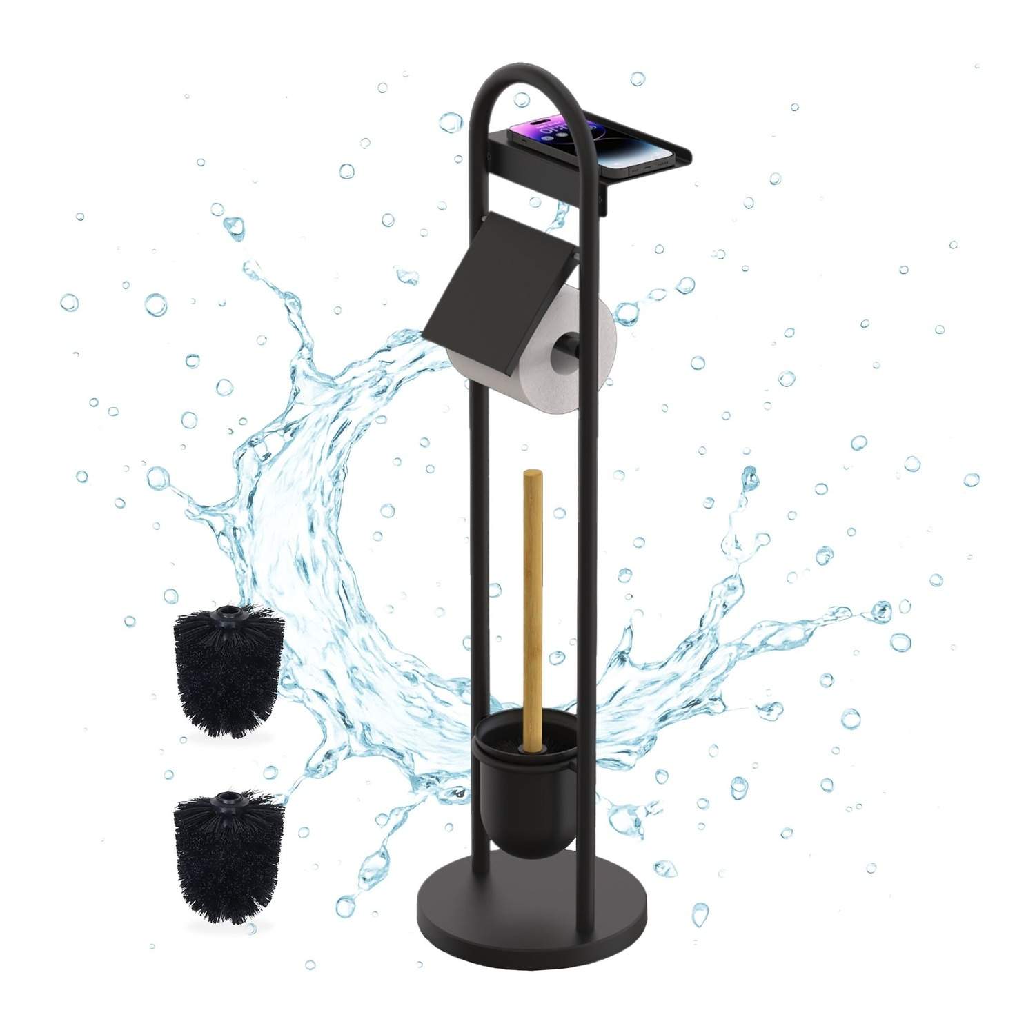 Toiletpapirholder med hylde – Metal- og bambusdesign