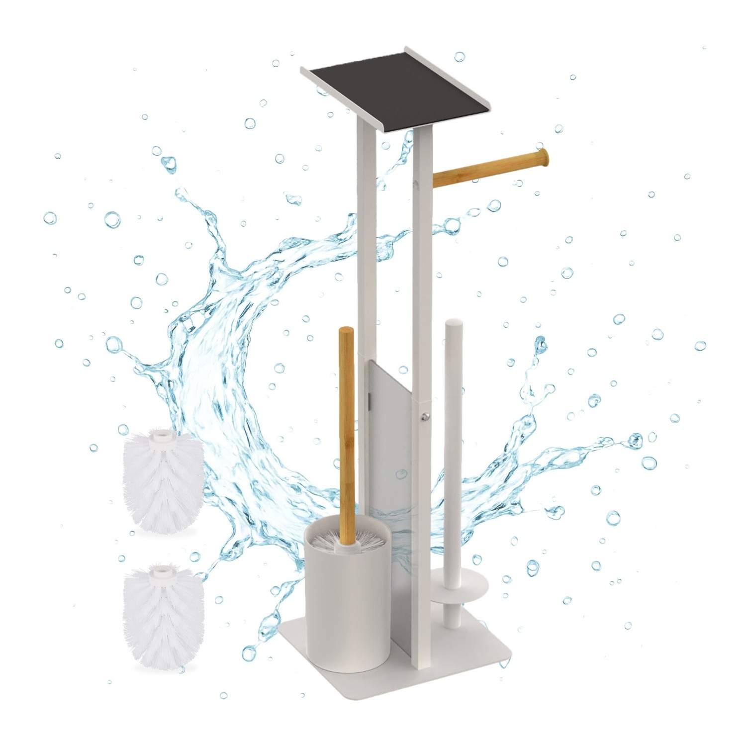 Toiletpapirholder – Metal & Bambus, Fritstående med Hylde