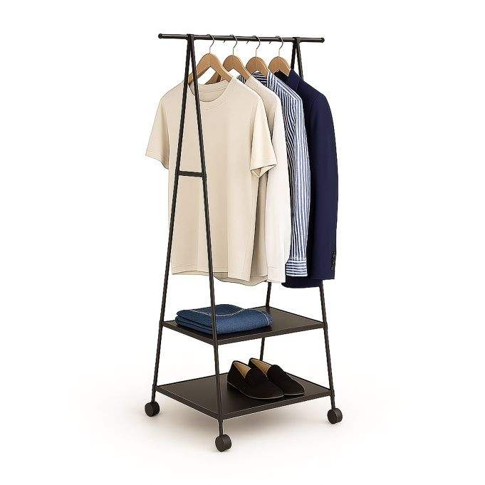 Tøjstativ med hjul – 2 fleecehylder, låsbare hjul