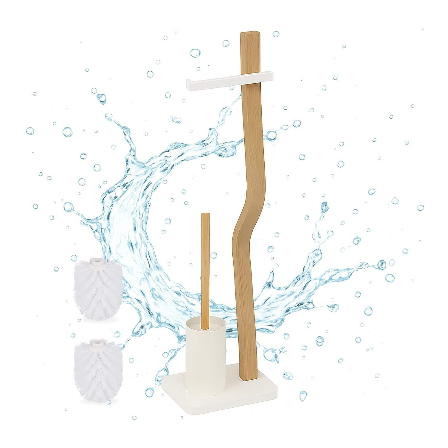 Toiletrulleholder i træ og metal med børsteholder