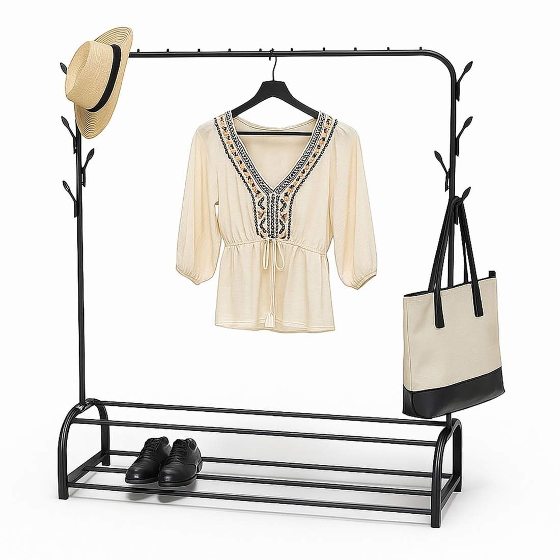 Kapphängare med skena, 2 hyllor och 8 krokar – Stål | Hem & Hobby | Pryloteket