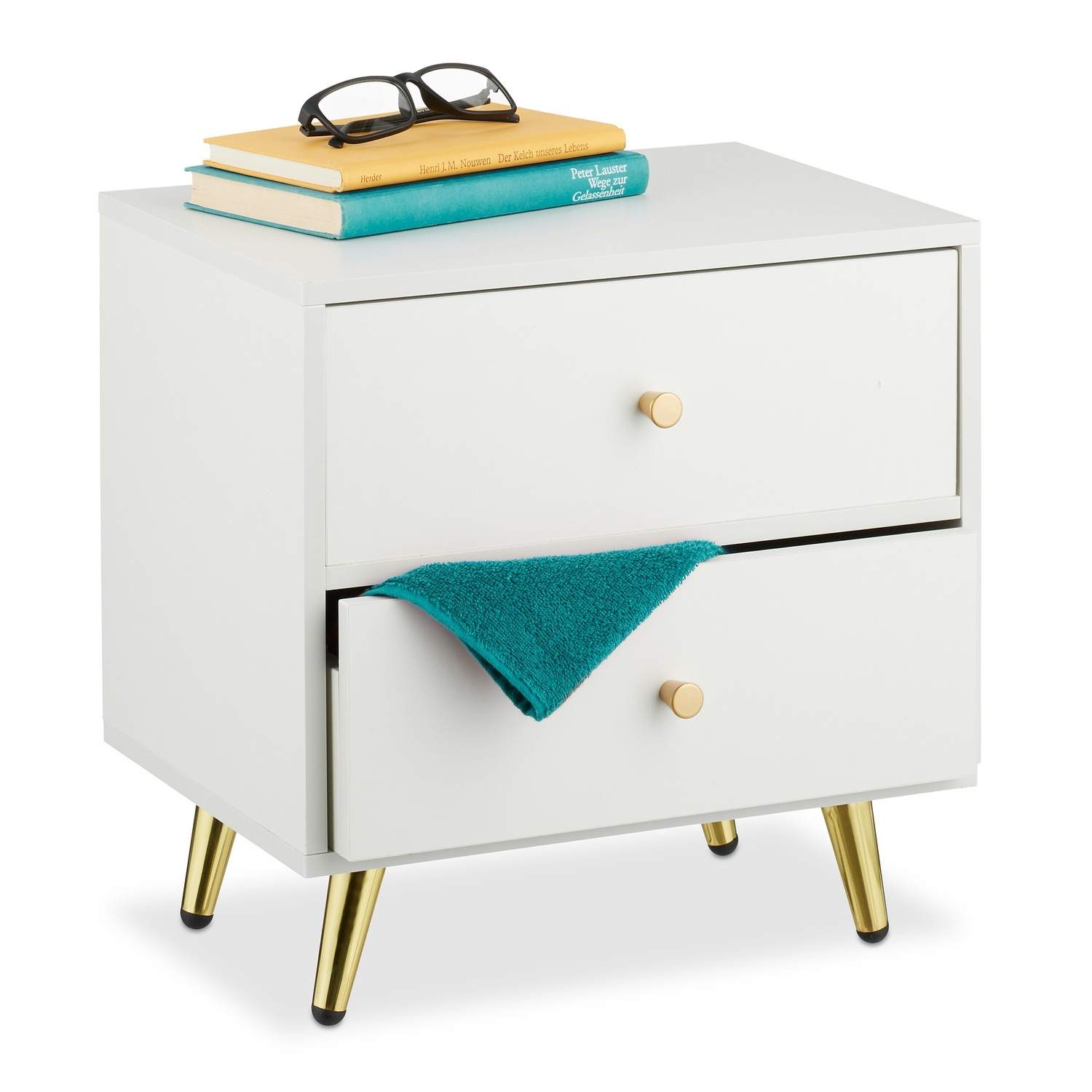 Hvidt sengebord med guldben – 2 skuffer