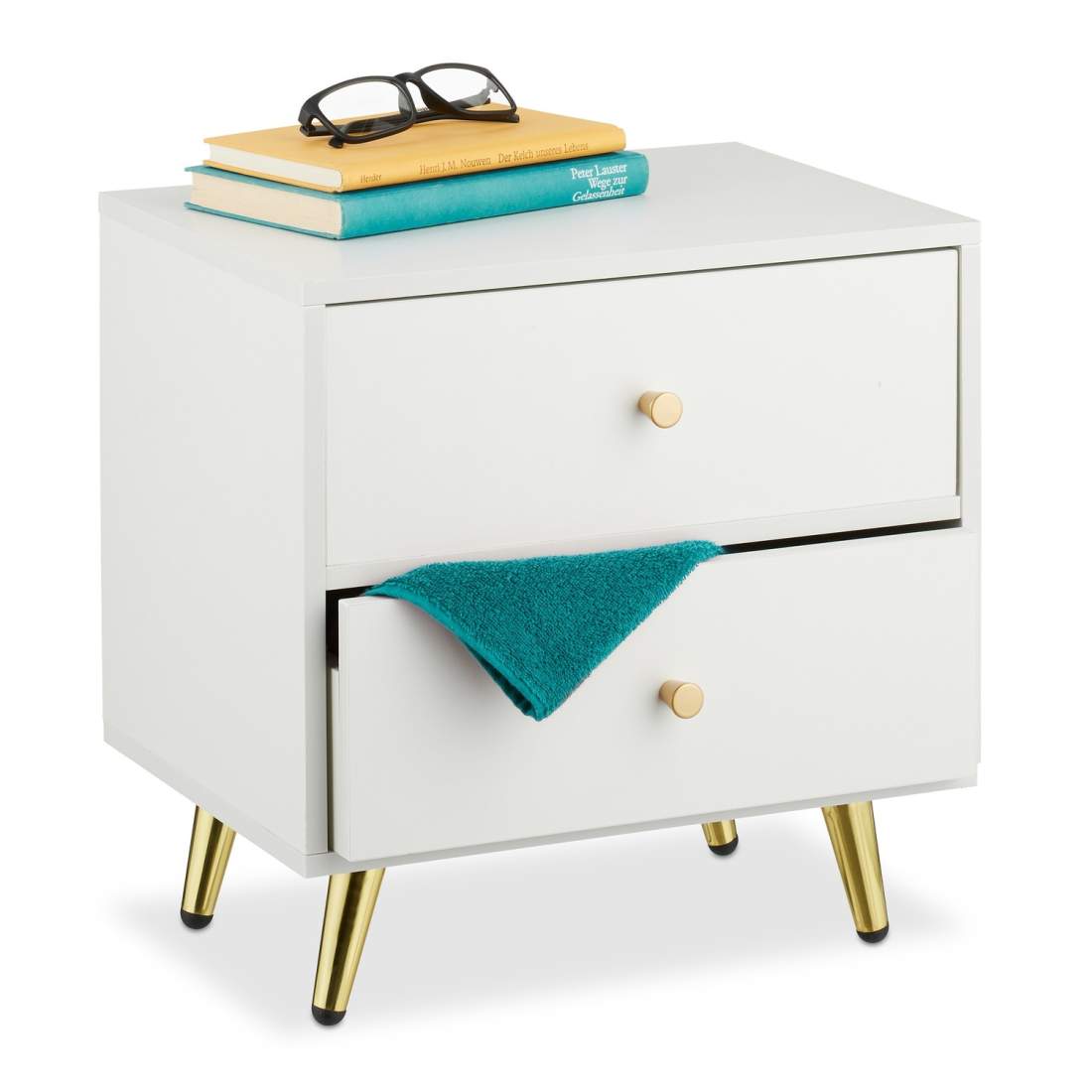 Vitt sängbord med guldben – 2 lådor | Hem & Hobby | Pryloteket
