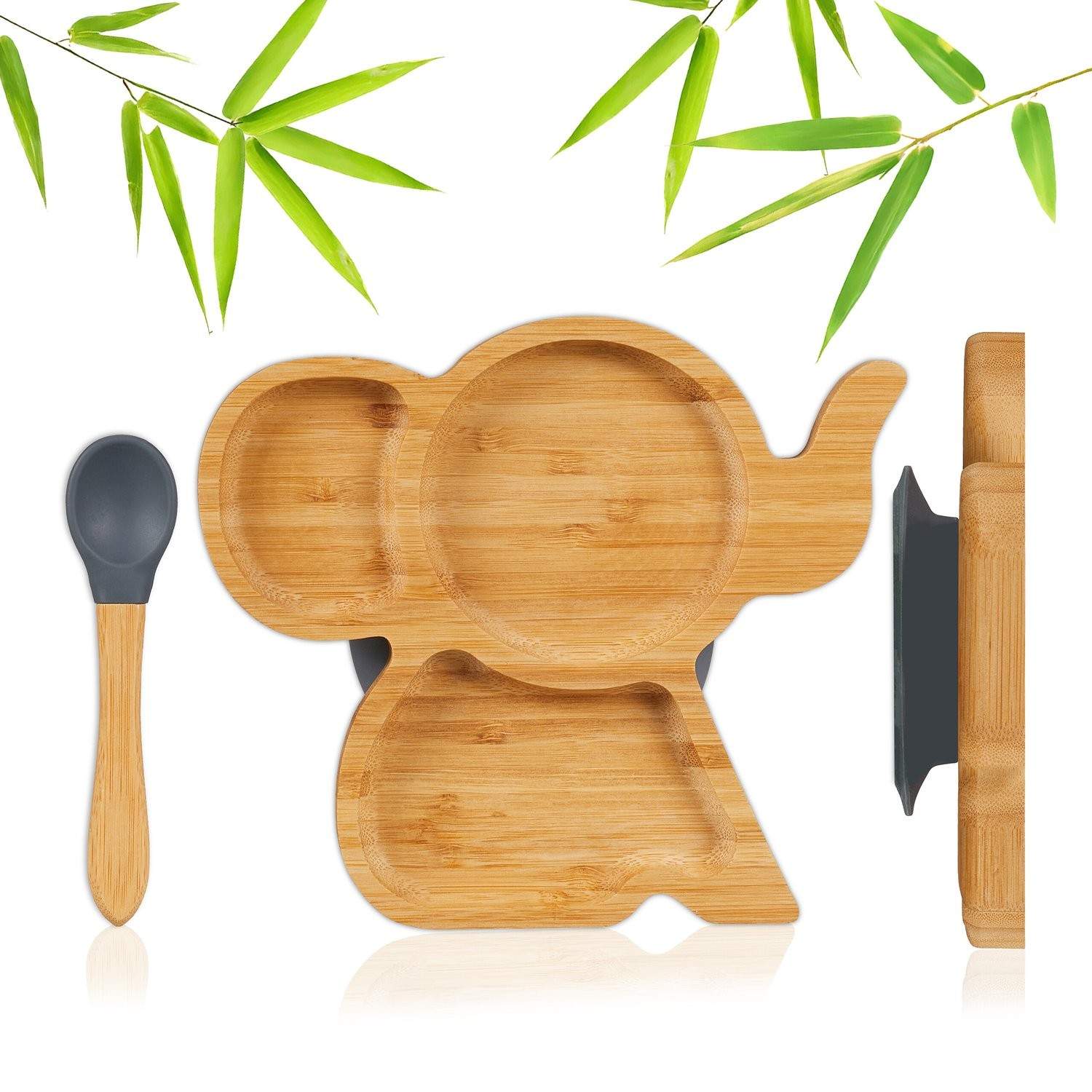 Bamboo Elephant Toddler Plate Sæt – skridsikker, sugebase