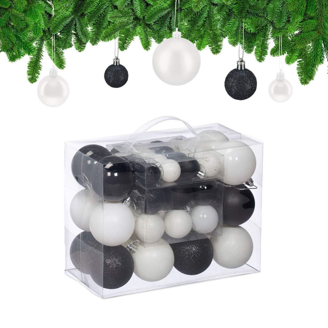 Set med svarta och vita julgranskulor – olika ytbehandlingar | Hem & Hobby | Pryloteket
