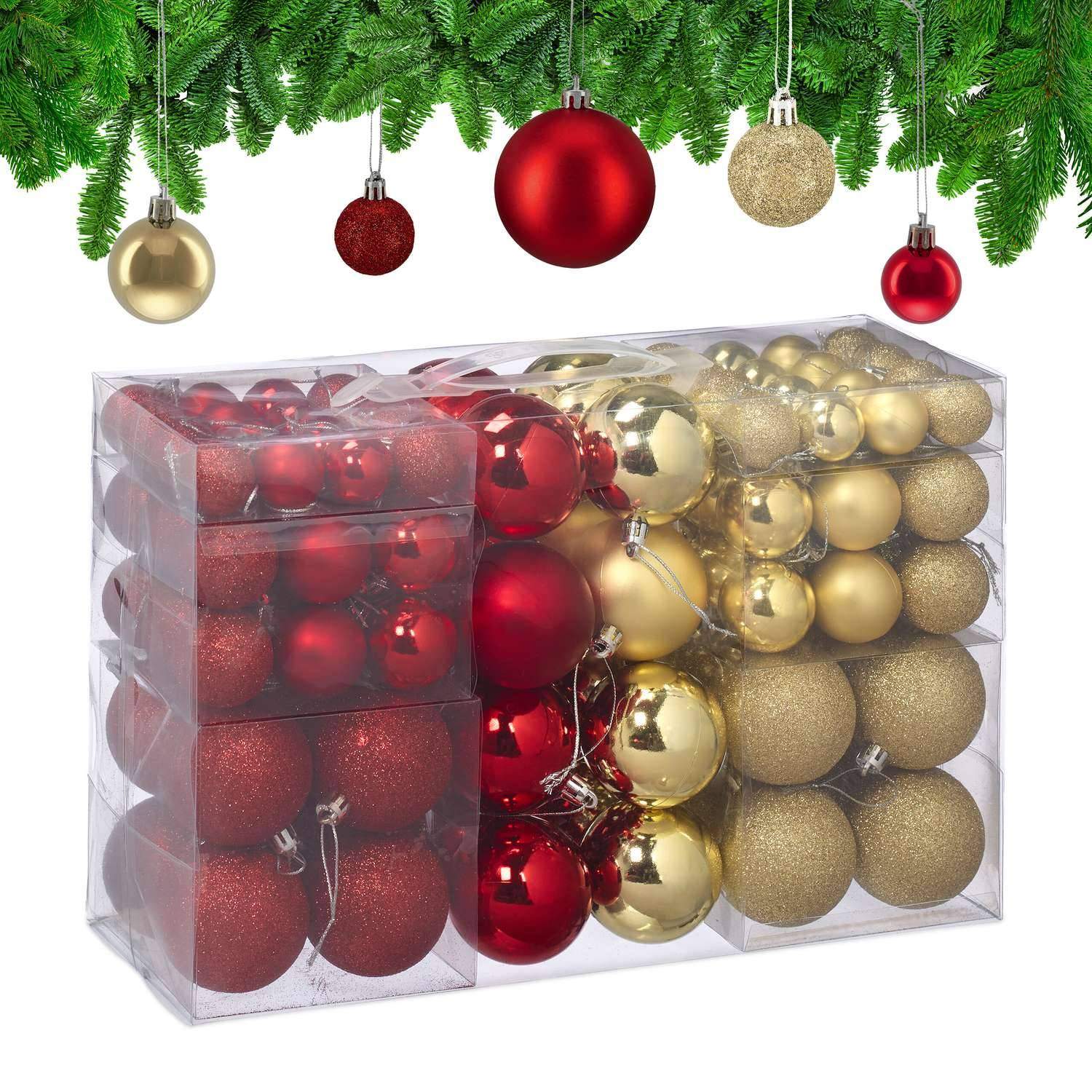 Sæt med juletræskugler – rød og guld, forskellige finish