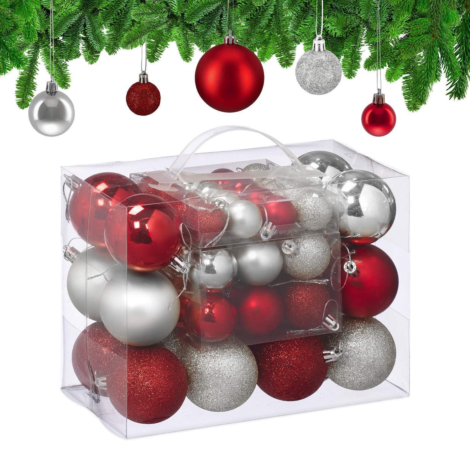 Sæt med juletræskugler – rød og sølv, forskellige finish