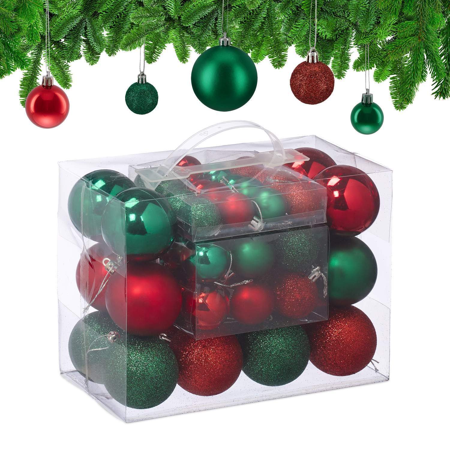 Sæt med juletræskugler – rød og grøn, forskellige finish