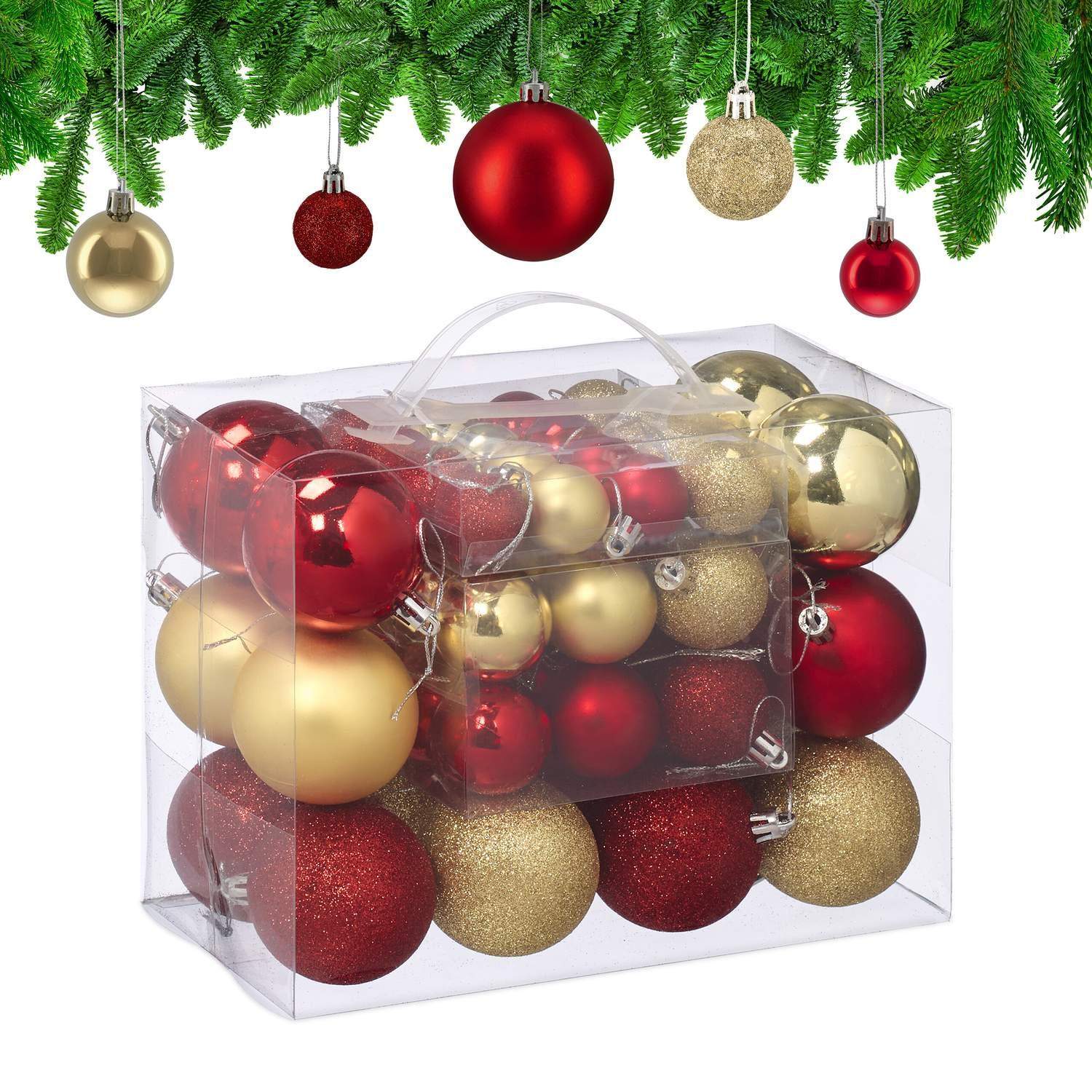 Set med julgranskulor – rött och guld, olika ytbehandlingar | Hem & Hobby | Pryloteket