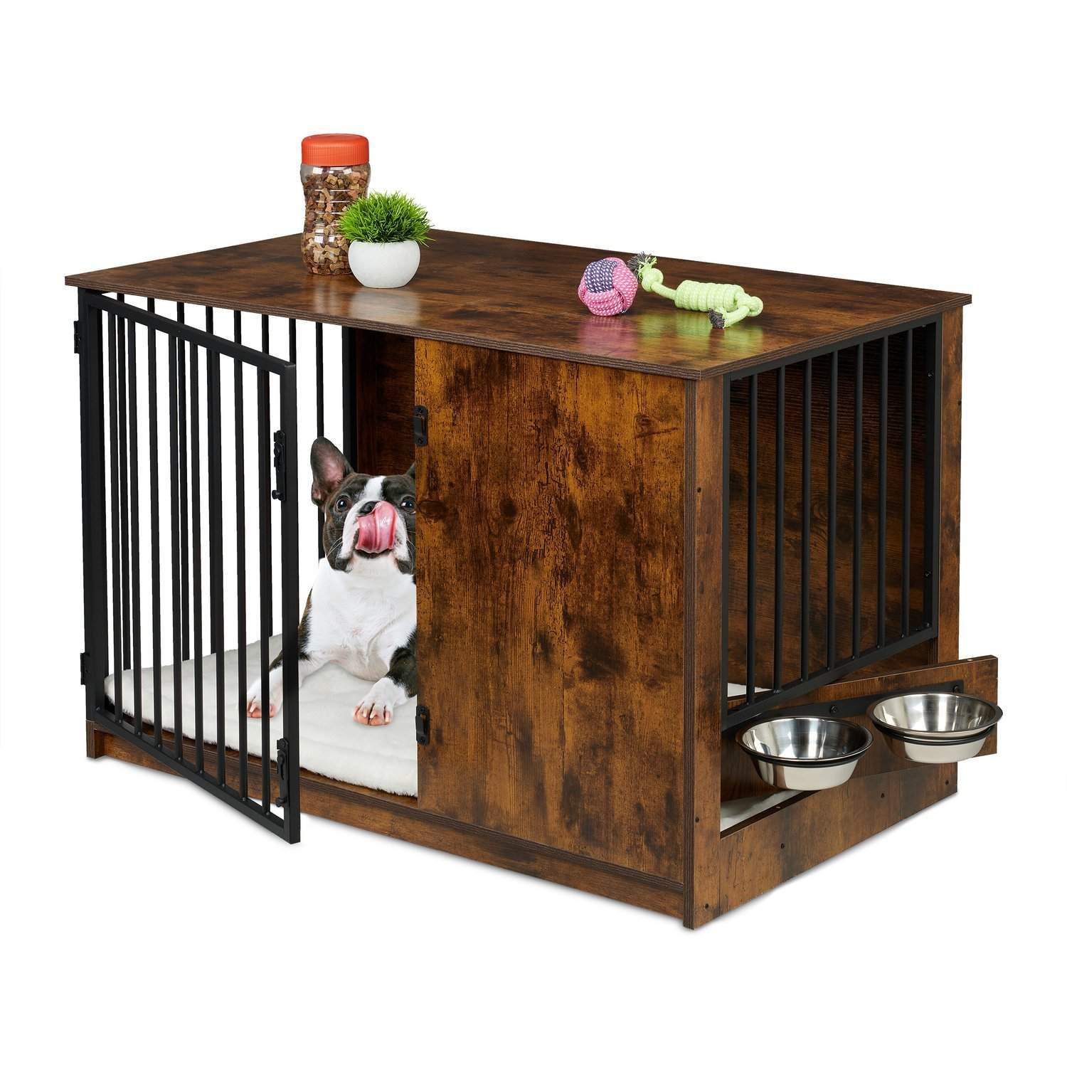 Indendørs hundebur med skåle – træeffekt, robust design