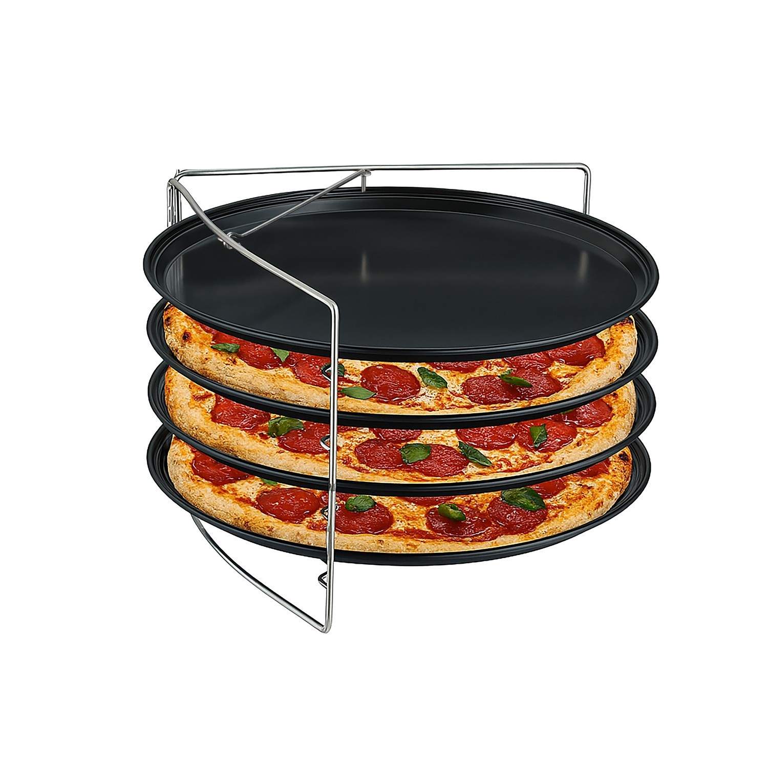 Pizzabakkesæt med stativ – non-stick, 4 bakker