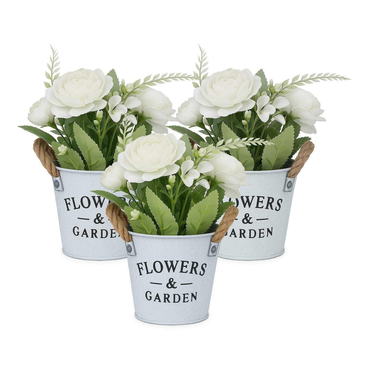 Set med konstgjorda blommor – vita, dekorativa krukor, inget underhåll | Hem & Hobby | Pryloteket