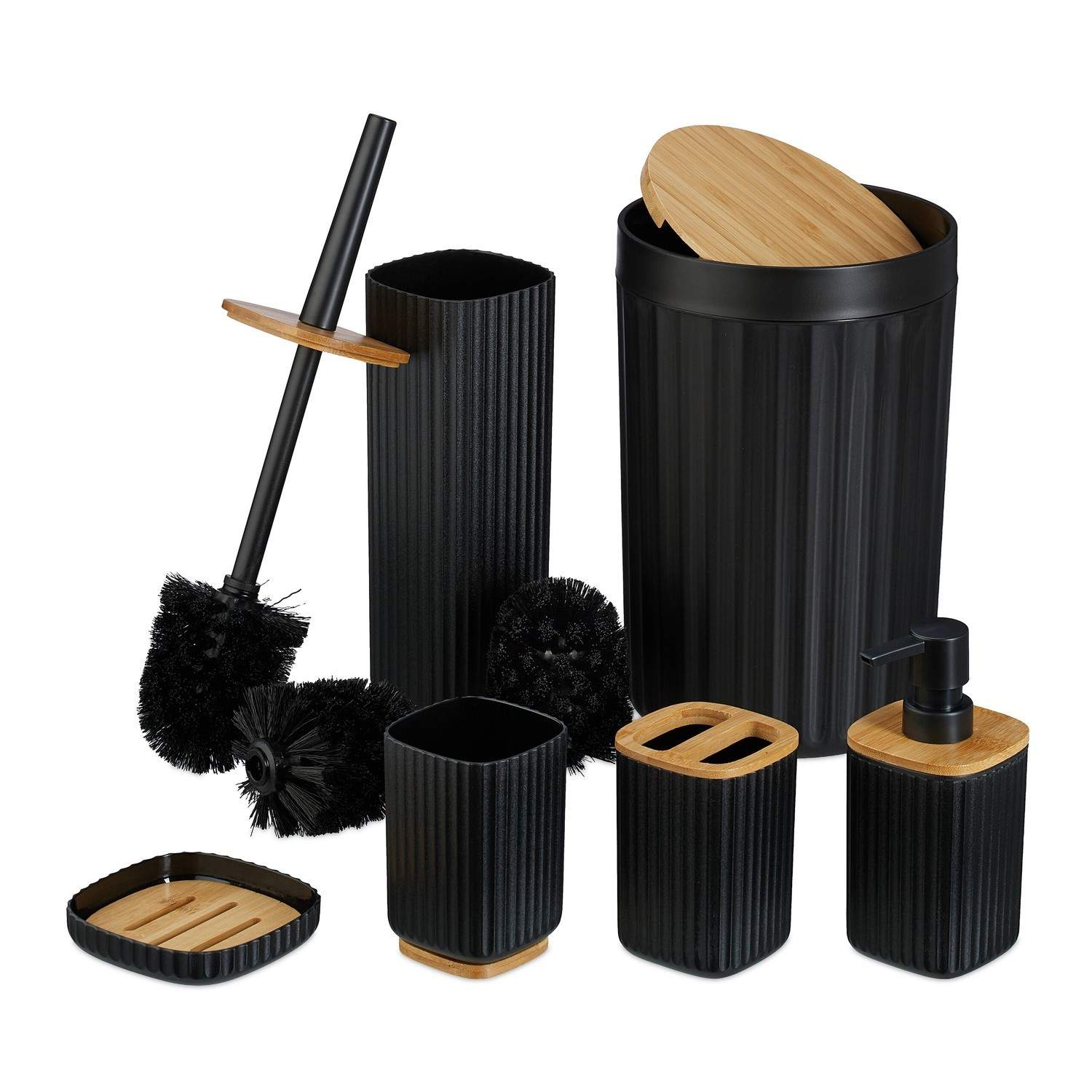 Badeværelsessæt i 6 dele – plastik- og bambustilbehør