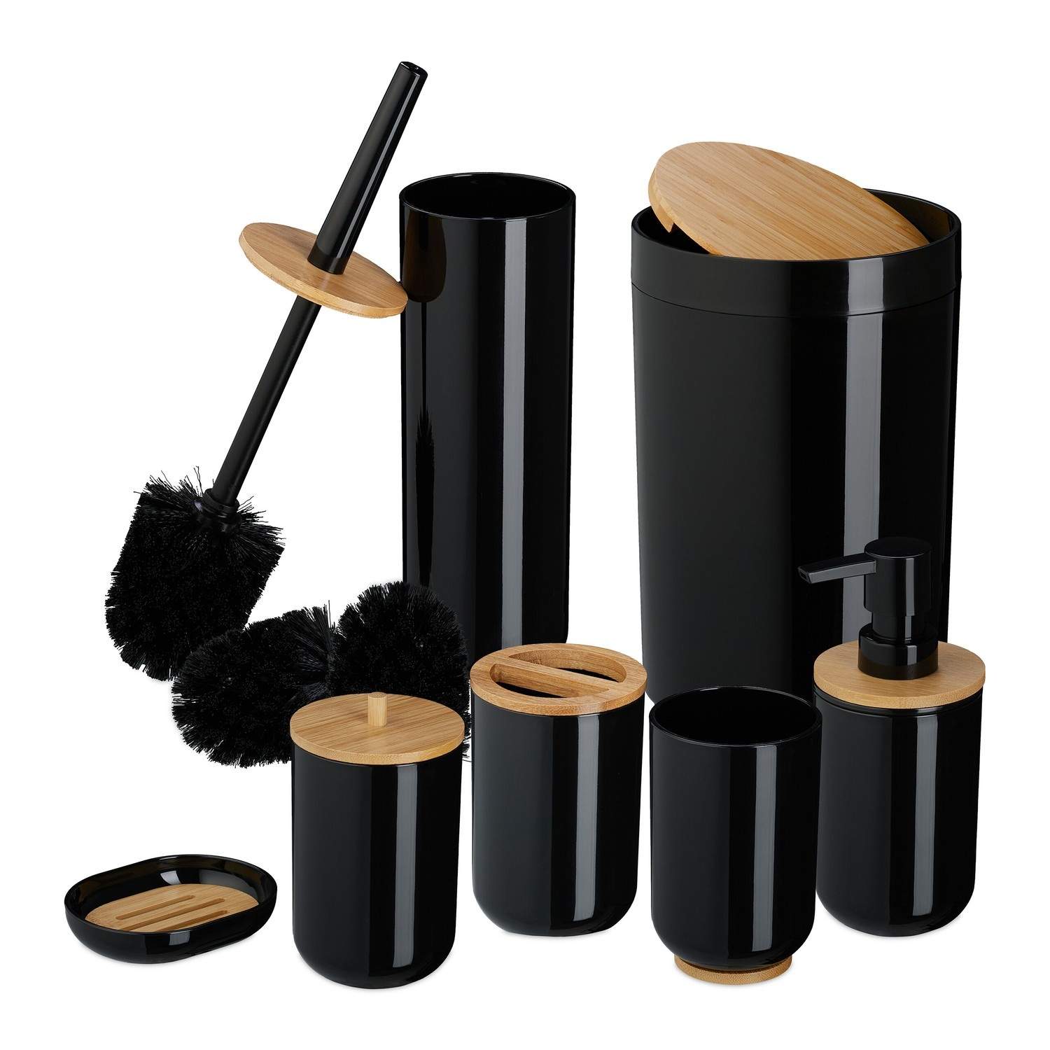 7-delt badeværelsessæt – plastik og bambus tilbehør