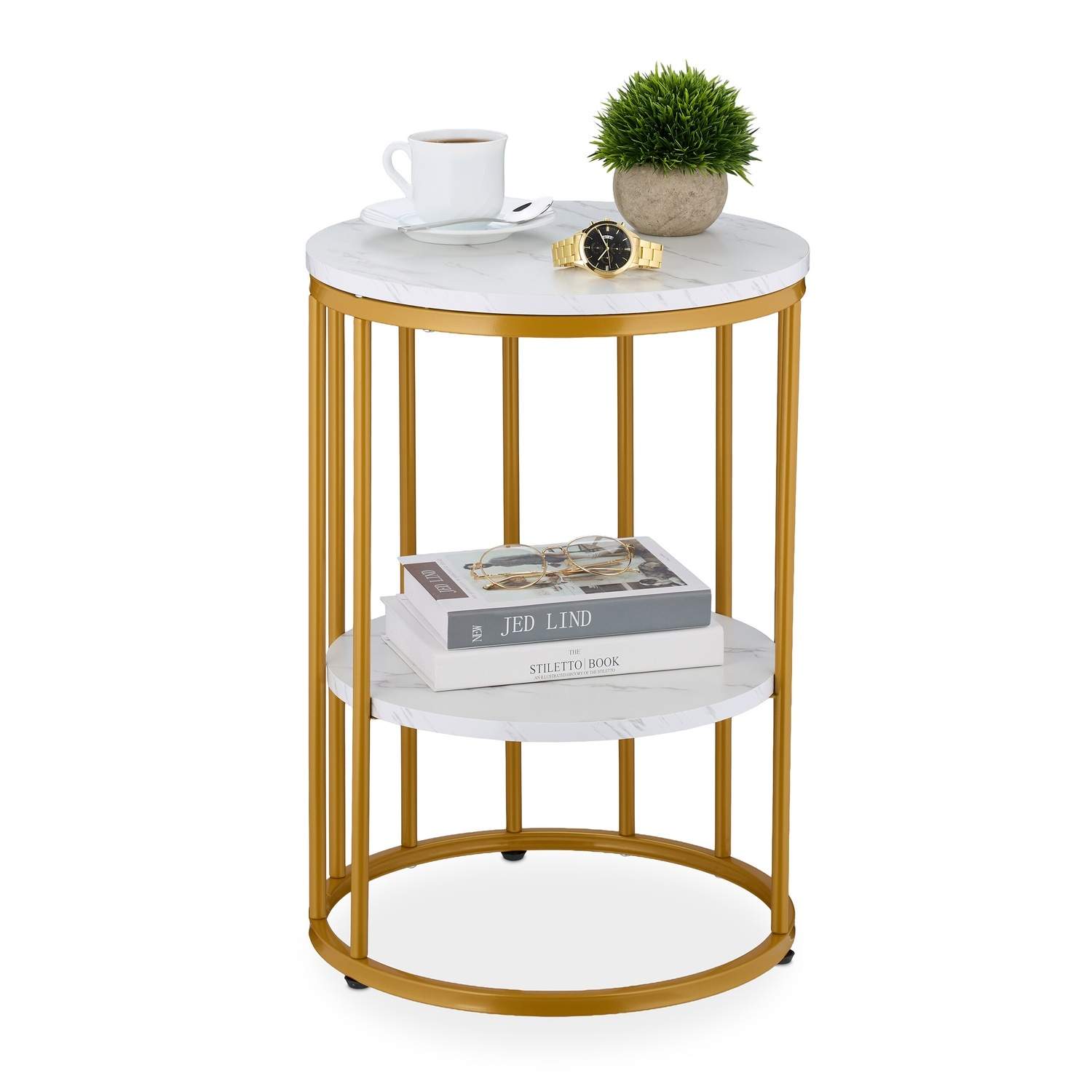 Rundt sidebord med marmorlook – 2 niveauer