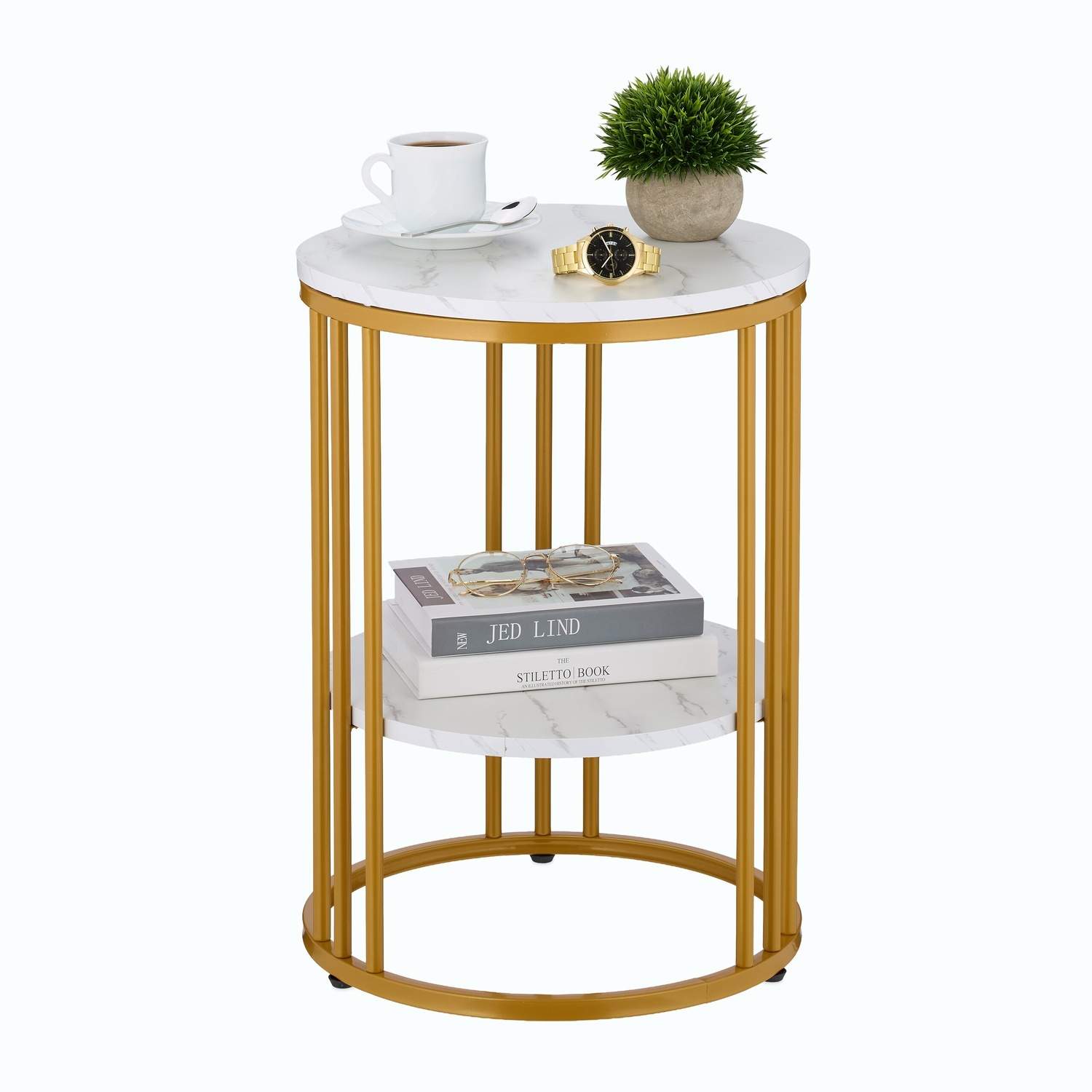 Rundt sidebord i marmorlook – 2-lags design