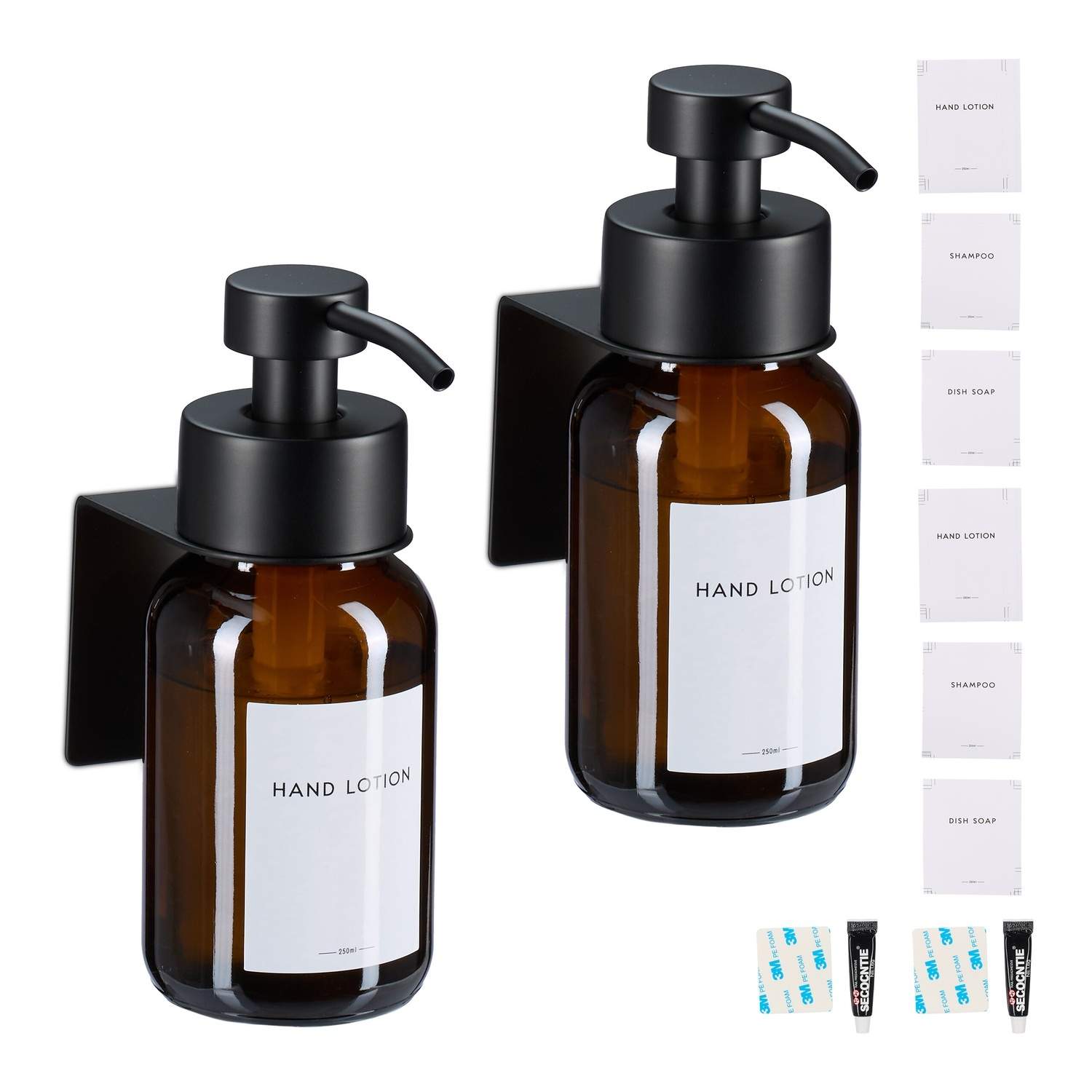 Vægmonteret sæbedispenser i glas – ravfarvet, ikke-boret installation