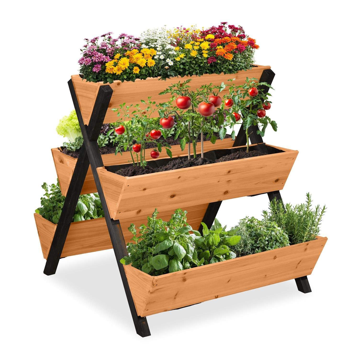Lodret hævet haveseng med 5 grantræ plantekasser