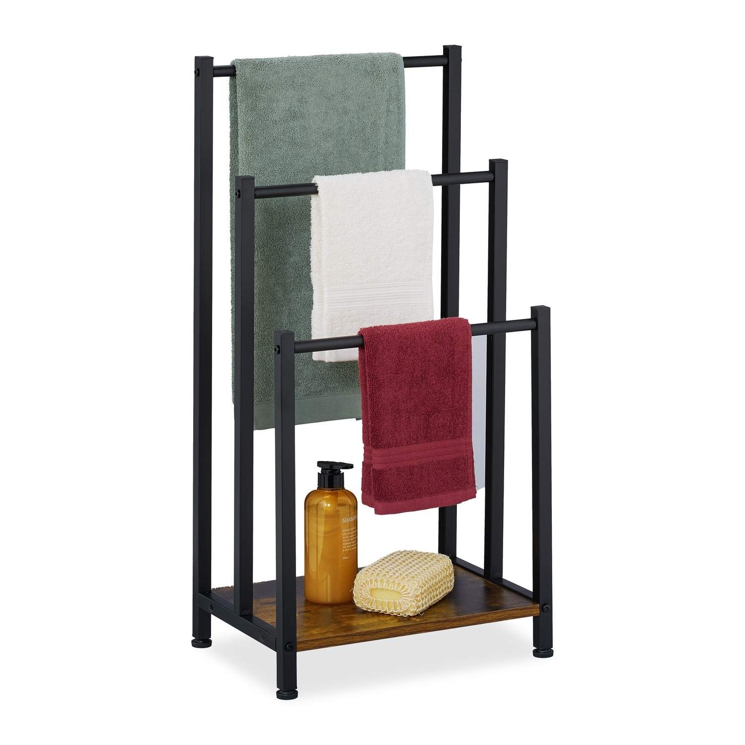 Håndklædestativ med 3 stænger og træeffekthylde