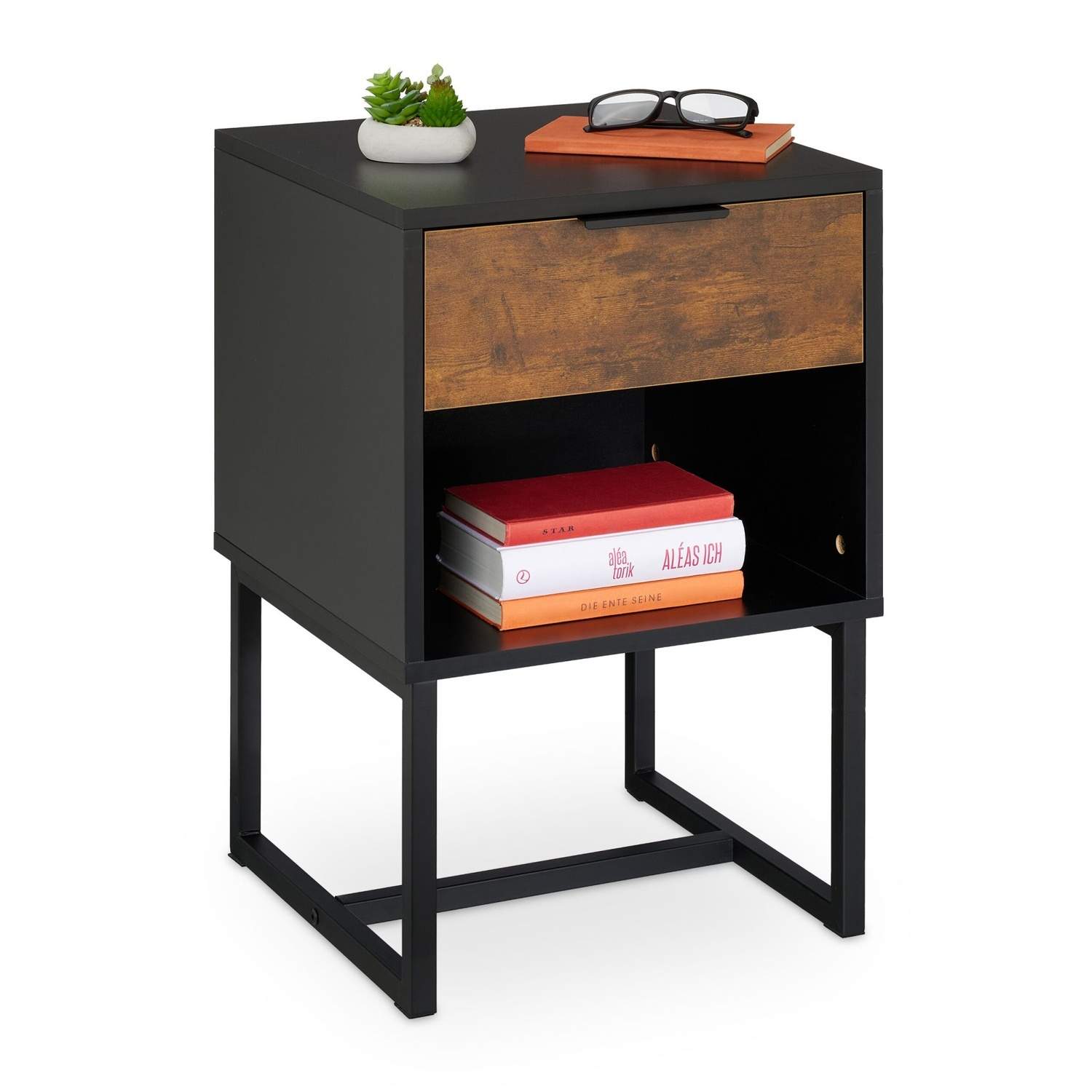 Industrielt sengebord med skuffe – mørkt træ og metal