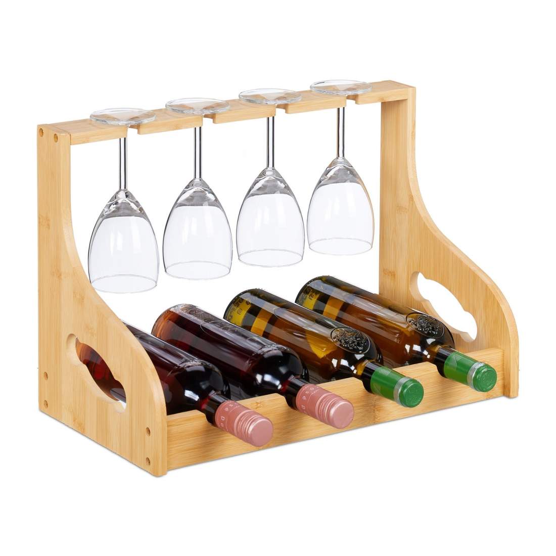 Vinställ med glashållare – bambu, rymmer 4 flaskor | Hem & Hobby | Pryloteket