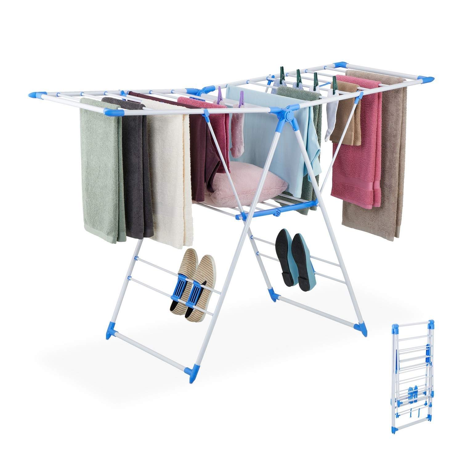 Sammenfoldelig tørrestativ med skoholdere