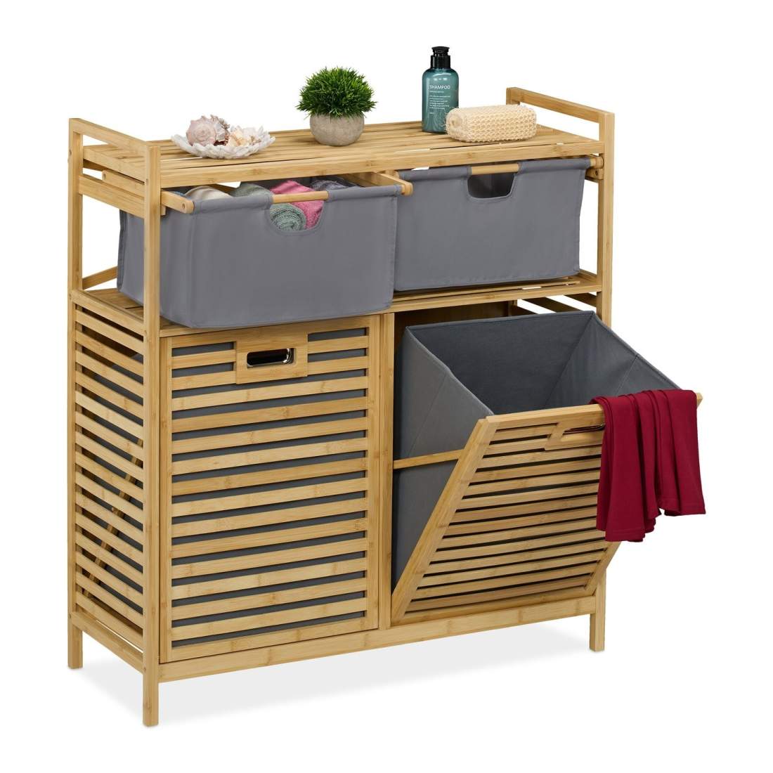 Tvättkorgsställ med bambuhylla och 2 lådor | Hem & Hobby | Pryloteket