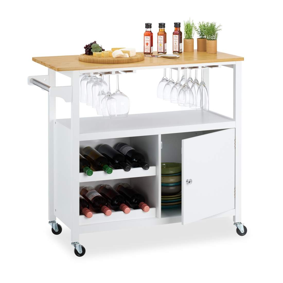 Köksförvaringsvagn med vinställ – Vit & bambu | Hem & Hobby | Pryloteket