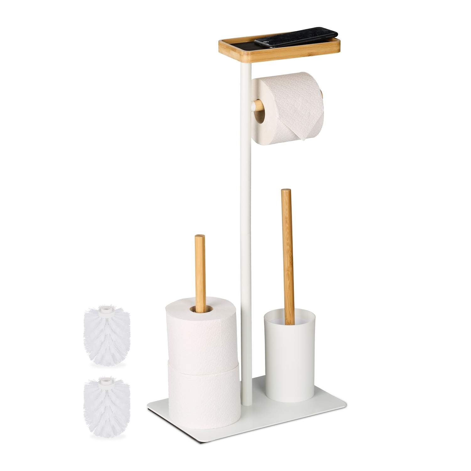 Toiletrulleholder & børstesæt med bambushylde