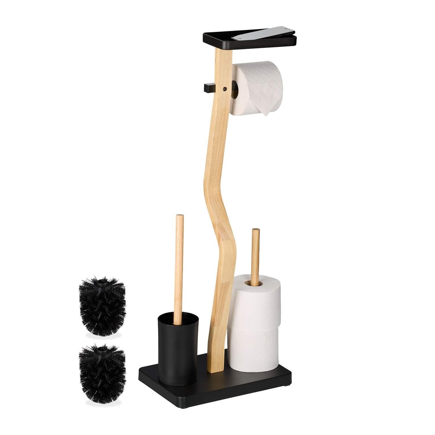 Toiletrulleholder & børstesæt med bambushylde