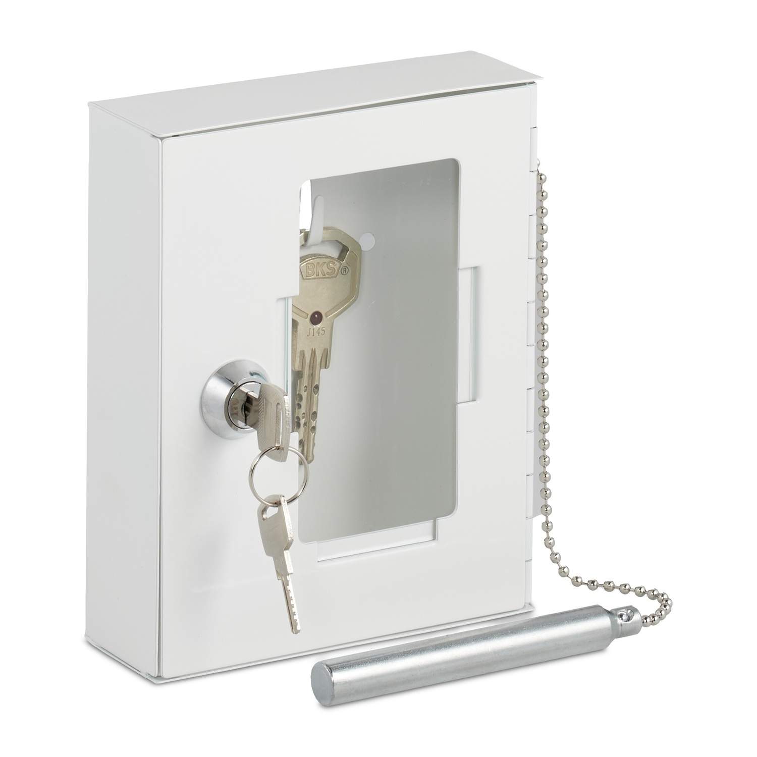 Hvid nødnøgleboks med hammer – kan monteres på væg