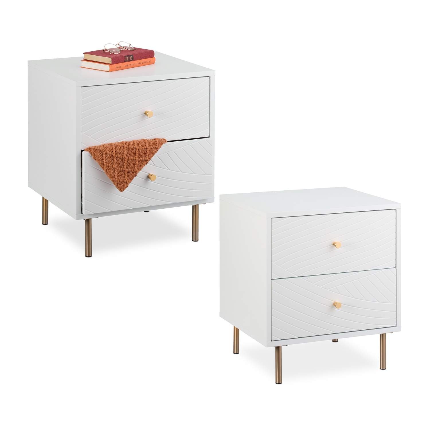 Hvidt sengeskab med guldaccenter – 2 skuffer