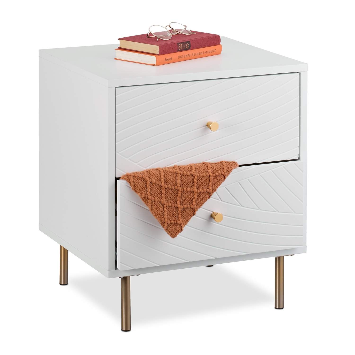 Hvidt sengeskab med guldaccenter – 2 skuffer