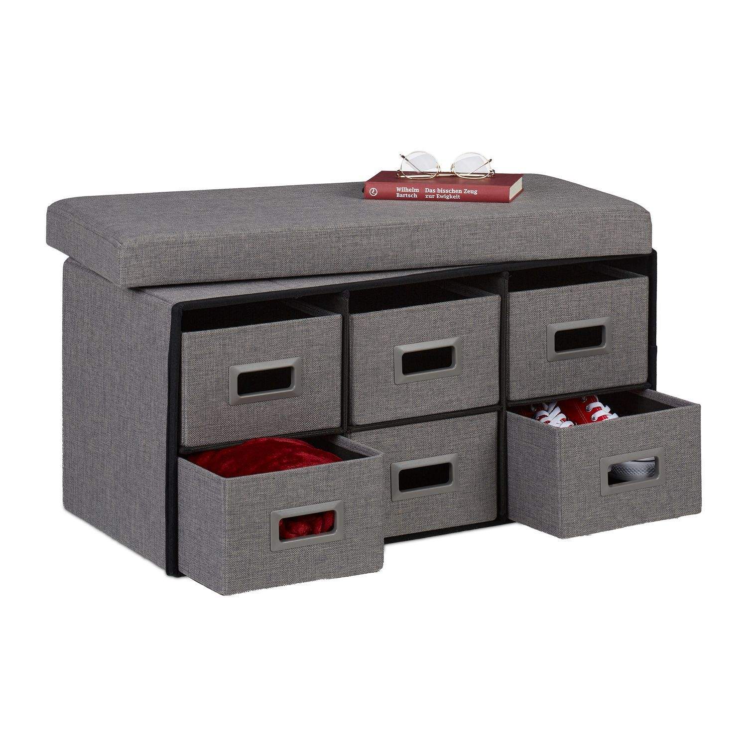 Grå förvaringsbänk med lådor – stoppad, mångsidig | Hem & Hobby | Pryloteket