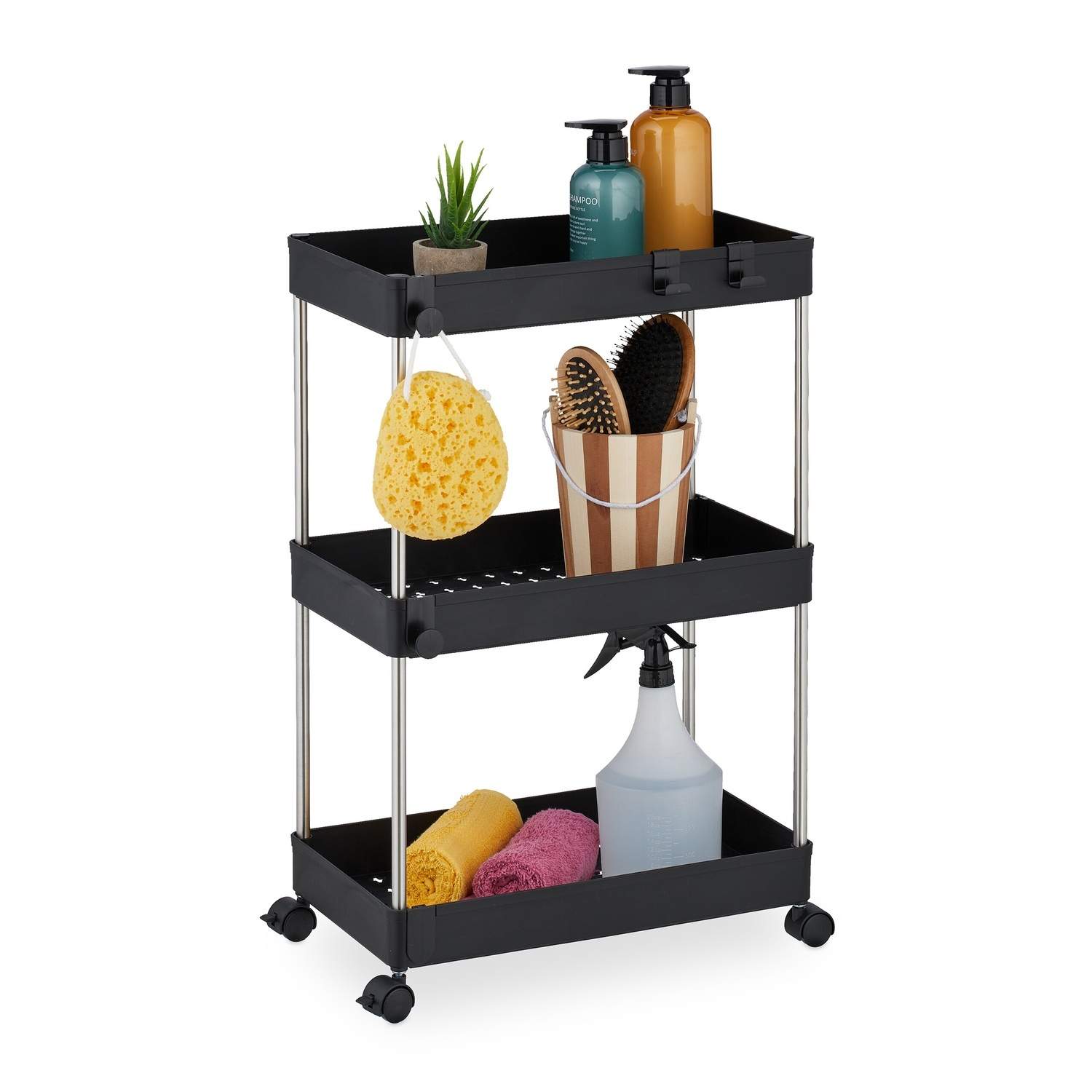 Stor sort vogn – 3 hylder, letrullende hjul